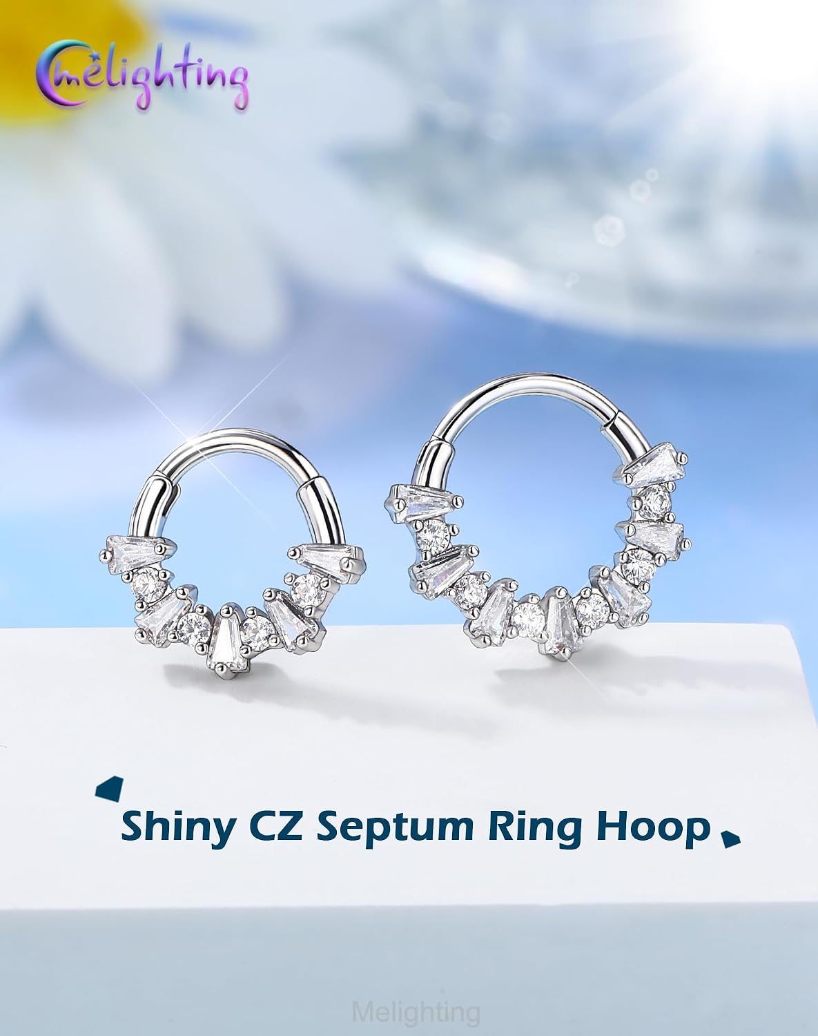 Melighting 16G Septum Ring, Fireworks Daith Piercing Jewelry 316L Stainless Steel, Rhombus Zircon Septum Clicker Hoop, Silver Helix Cartilage Earring for Women 8/10 mm