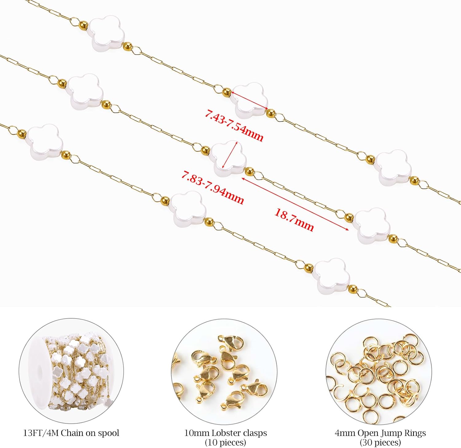 KYUNHOO 4 Meters Imitation Pearl Chain for Jewelry Making Gold Plated Stainless Steel Chains Bulk with Four Leaf Clover Pearls Decoration for DIY Jewelry Crafts - Image 2