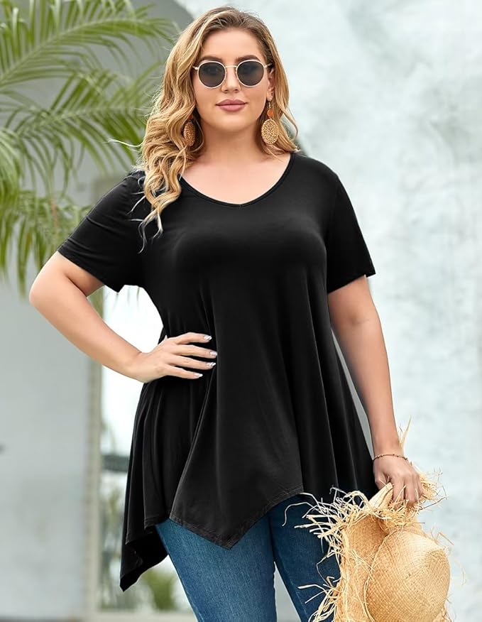 LARACE Plus Size Tops for Short Sleeve Asymmetrical Blouse lightweight & stretchy