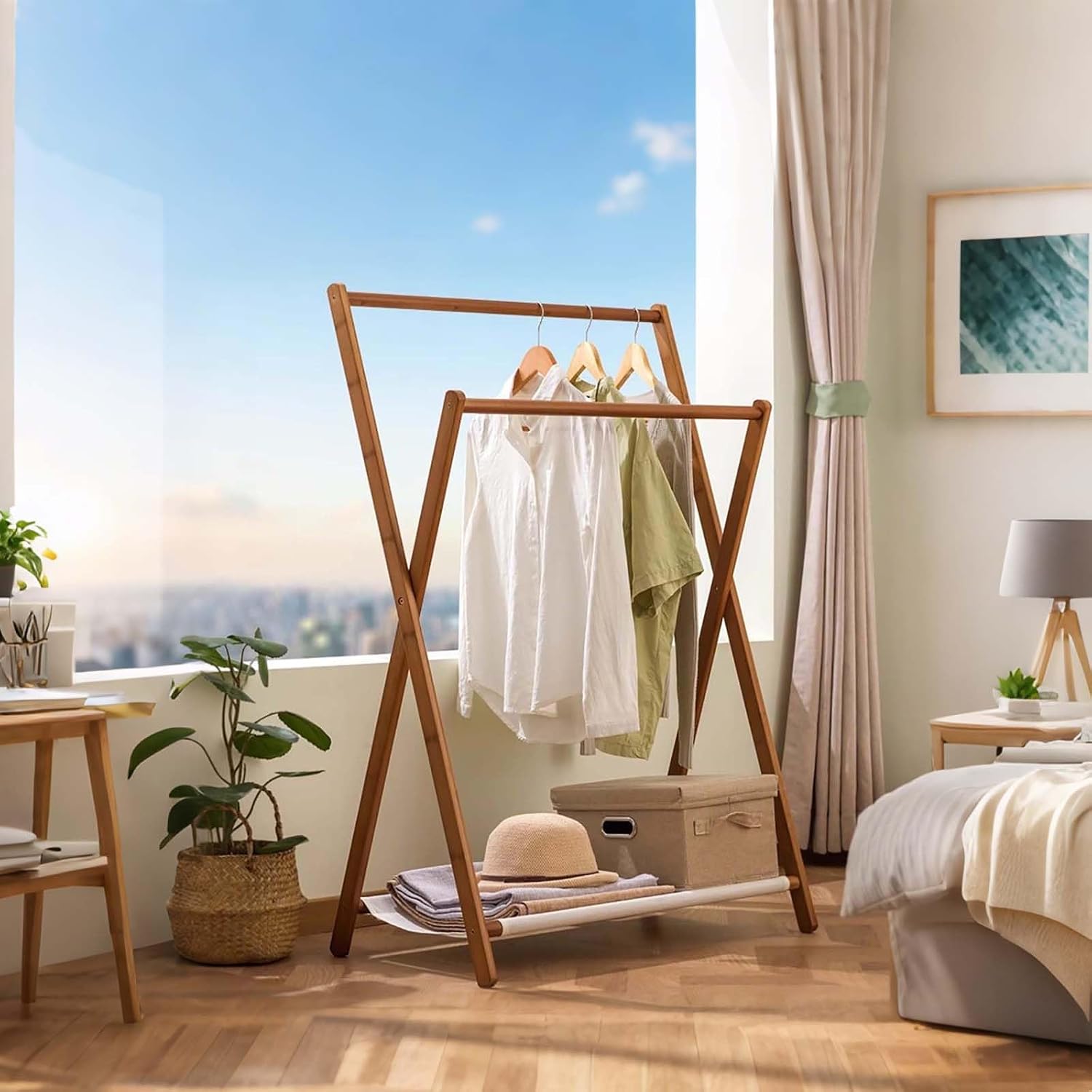 Double Rod Bamboo Clothing Rack - Foldable Garment Storage Stand, Free-Standing Dress Organizer, 20"x36.2" for Stylish Home Décor & Space-Saving Solution image 3