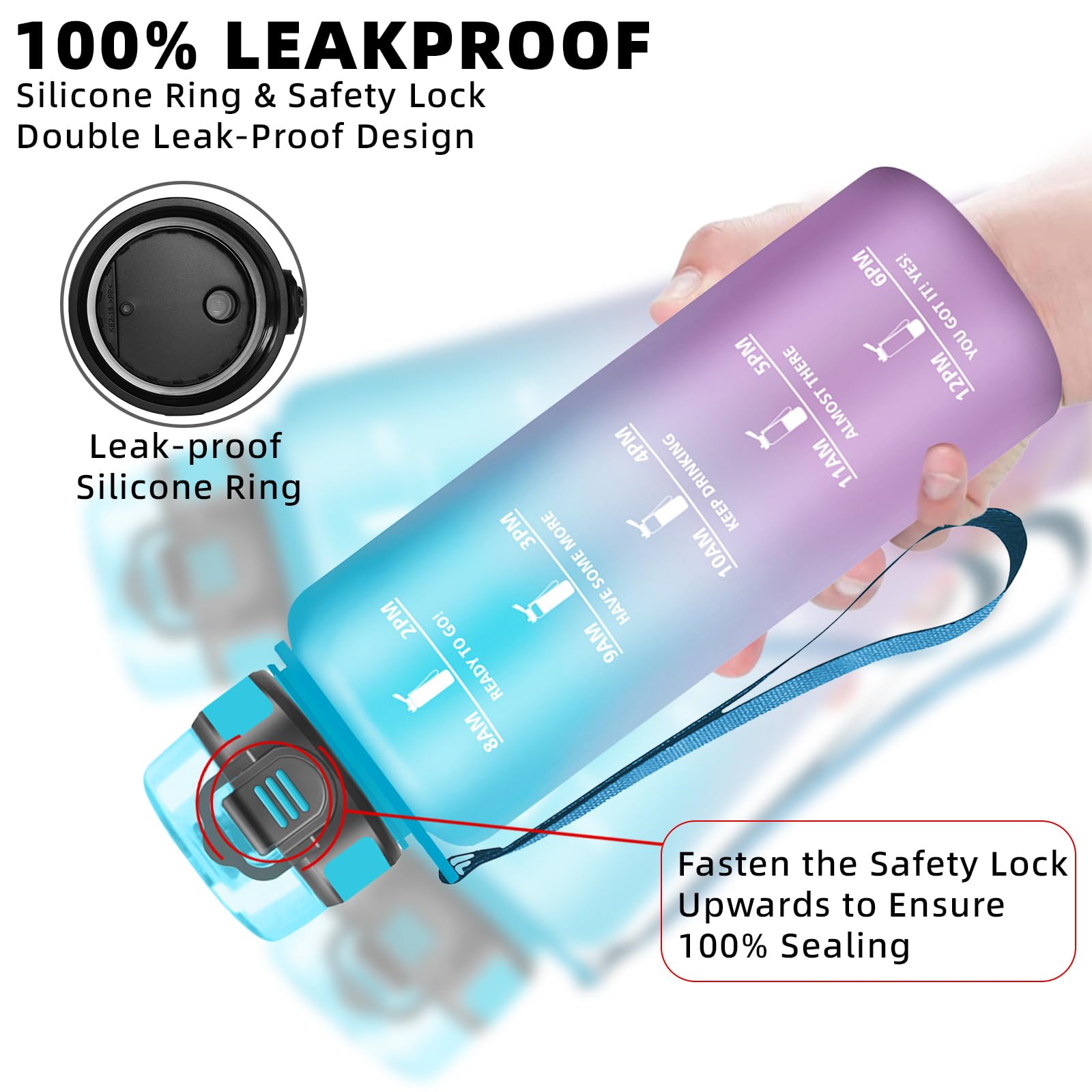 Borraccia 1,5 litri, Borraccia Palestra, Borracce Senza Perdite, Borracce Motivazionale, Facile da Pulire, Bottiglia Orari, Bottiglia Graduata, Facile da Trasportare, per Fitness, Corsa, Escursionismo