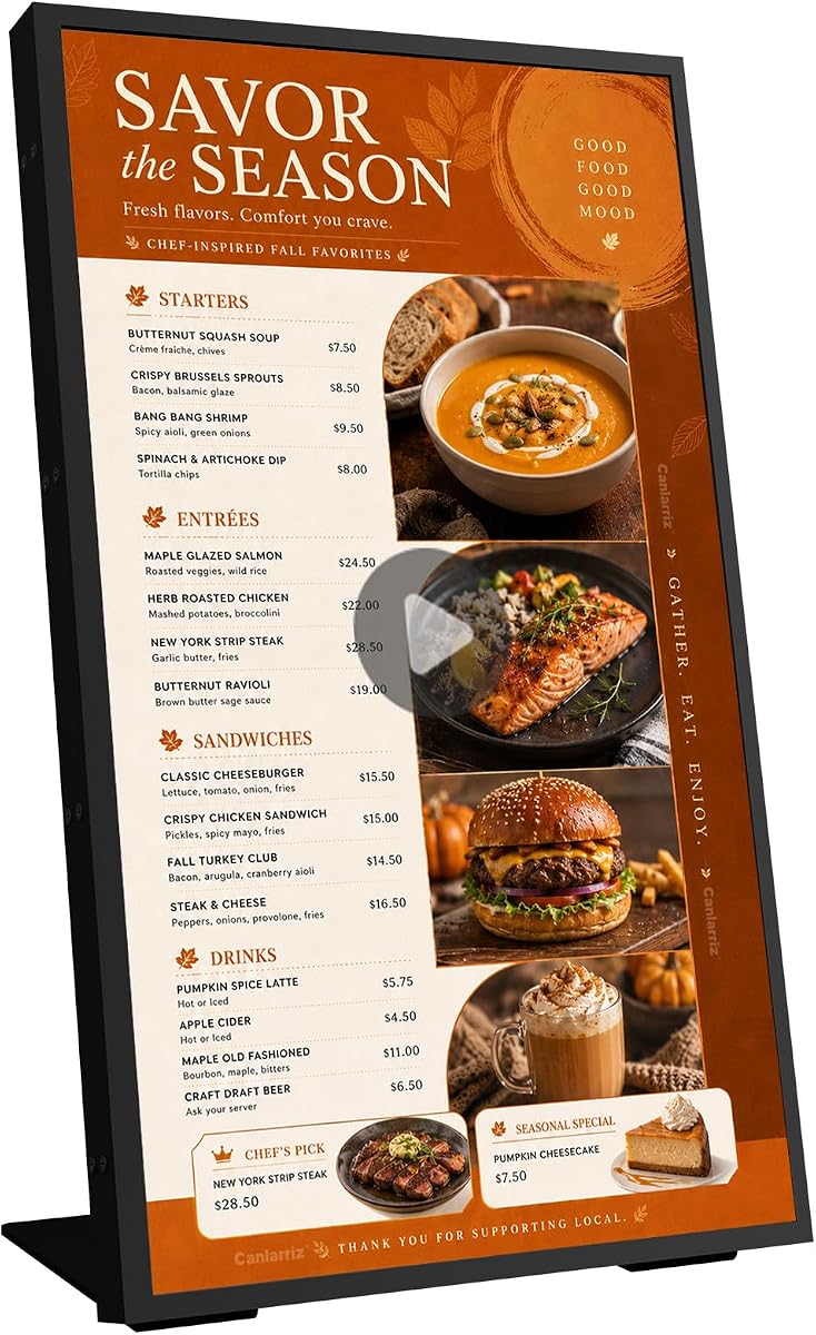 Pantalla de señalización digital de 18,5", tablero de menú digital de 700 Nits | CMS integrado para restaurantes, tiendas minoristas, cafeterías, hoteles, publicidad comercial, visualización de menús, Plug & Play a través de USB o HDMI