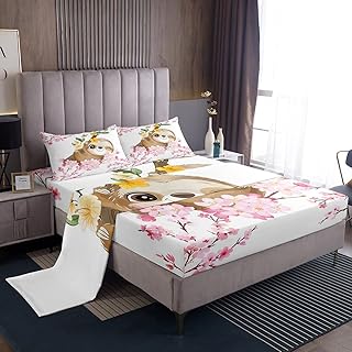 Erosebridal Sloth Bed Sheets Twin, Cherry Blossoms Fitted Sheet Pink Flower Girly Sheet Set for Kids Girls Women Bedroom, Cartoon Animal Kawaii Flat Sheet 3 Pieces with 1 Pillowcase