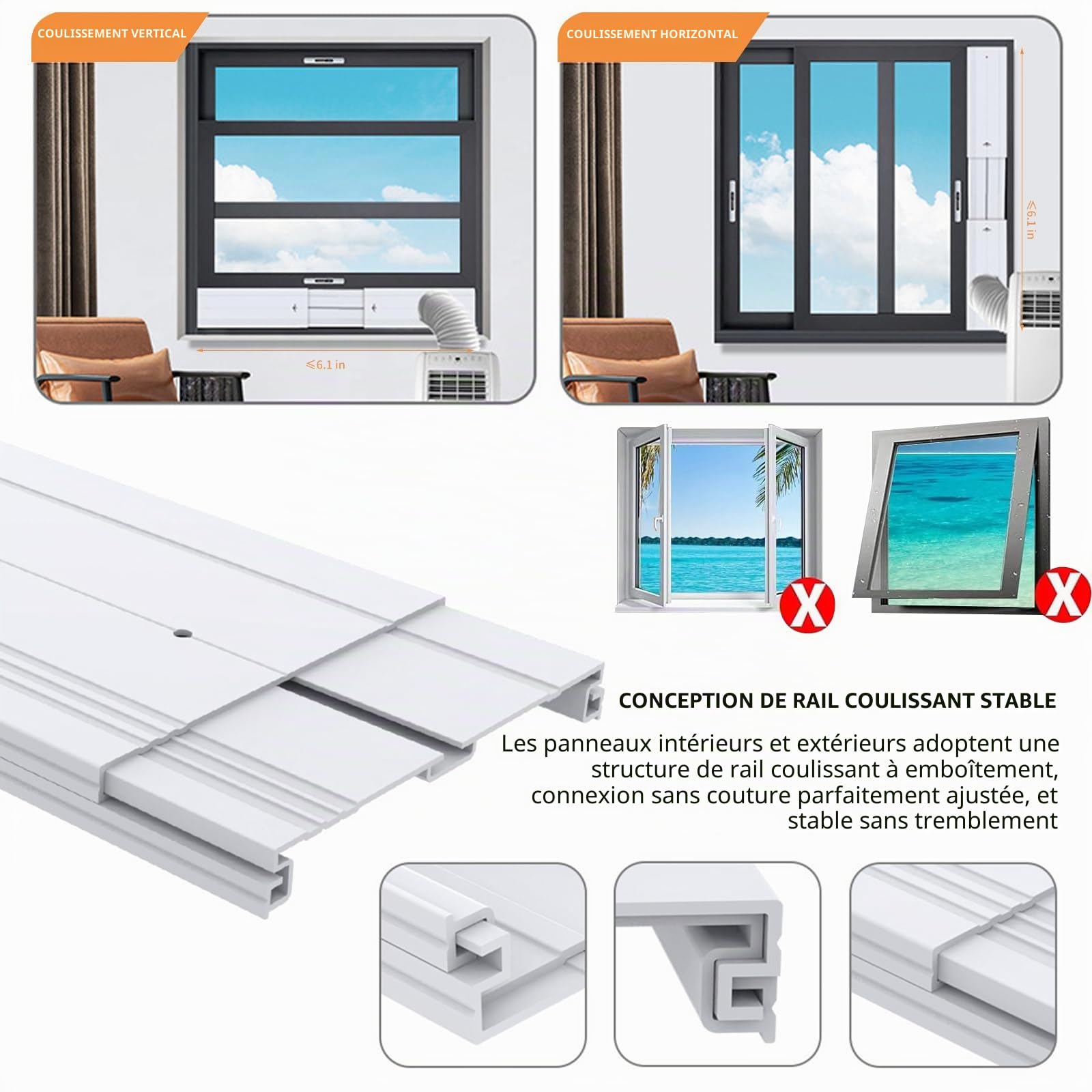 Kit de Fenêtre Climatiseur Mobile, Kit Calfeutrage Baie Vitrée 4 Pièces, Joint de Fenêtre Réglable avec Adaptateur Universel Ø13/15cm, Plaque d'Évacuation pour Fenêtre Coulissante et Velux