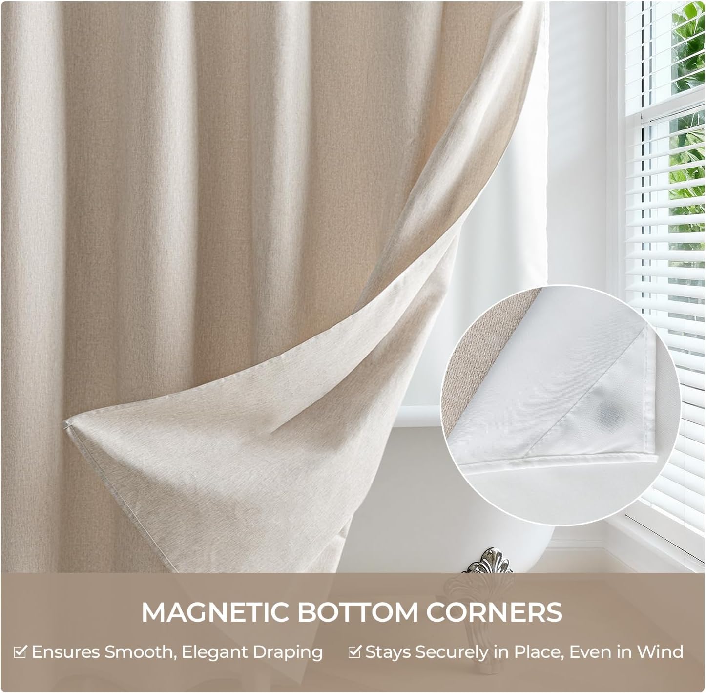 River Dream Linen Textured No Hook Shower Curtain with Snap-in Liner, Farmhouse Quick Dry Fabric Shower Curtain for Bathroom, Rustic Bathroom Set,Water-Repellent,Linen,71Wx74L