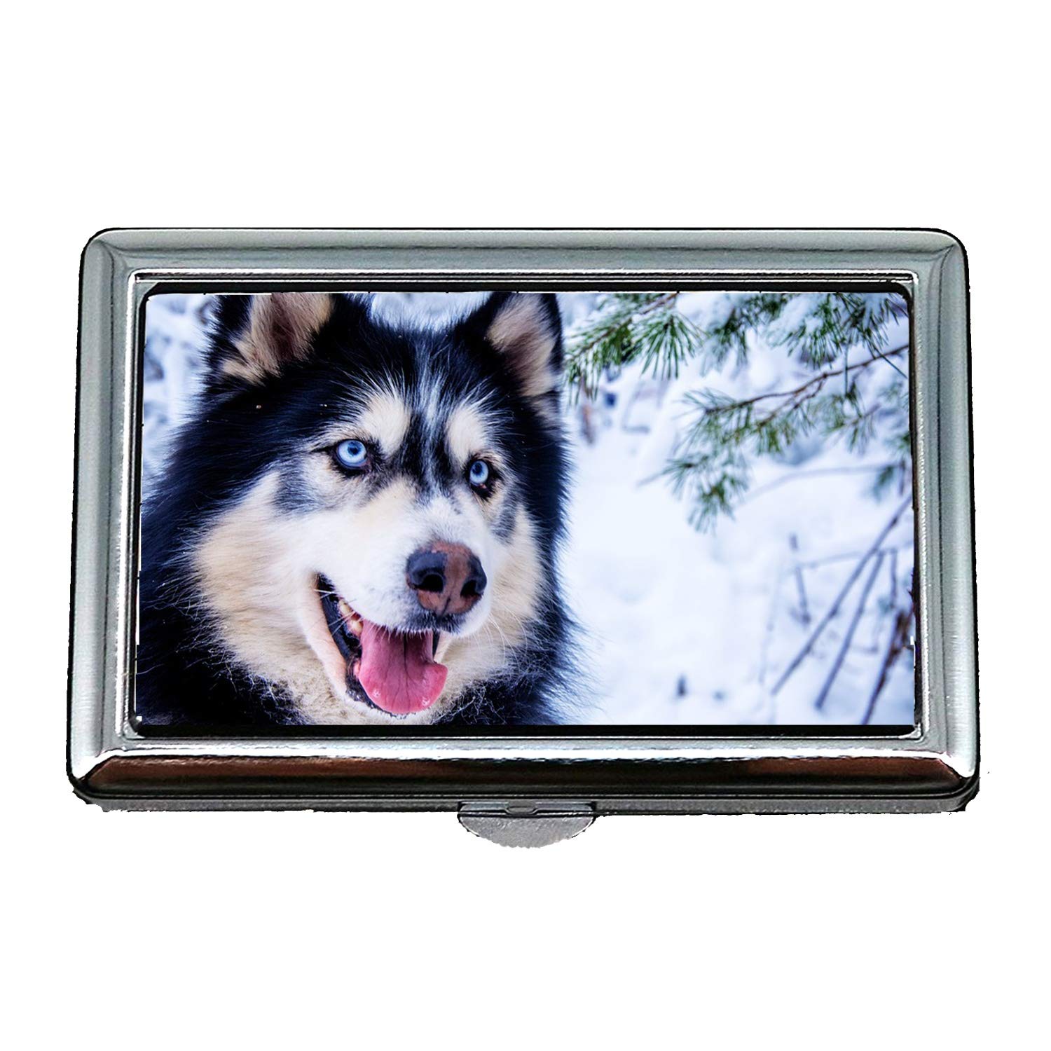 Cigarette Case Box,Husky Snow Dog Sled Dog Animal Fur Dog Blue Eye,Business Card Holder Business Card Case Stainless