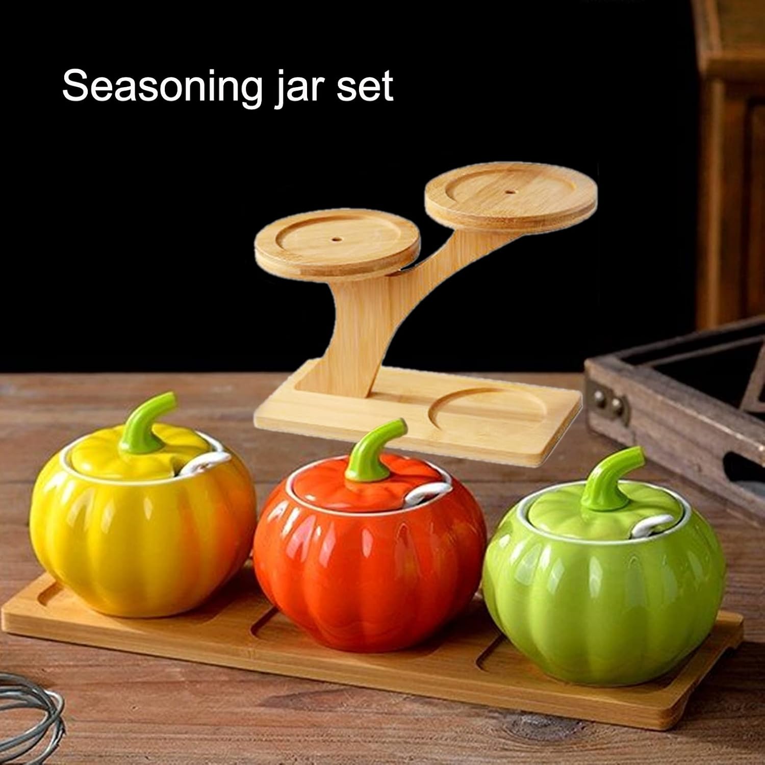 3 Paack Sugar Bowl with Lid and Spoon, Ceramic Sugar Container Condiment Bowl Salt and Pepper Bowls Pumpkin Spice Jars Seasoning Containers with Wood Rack