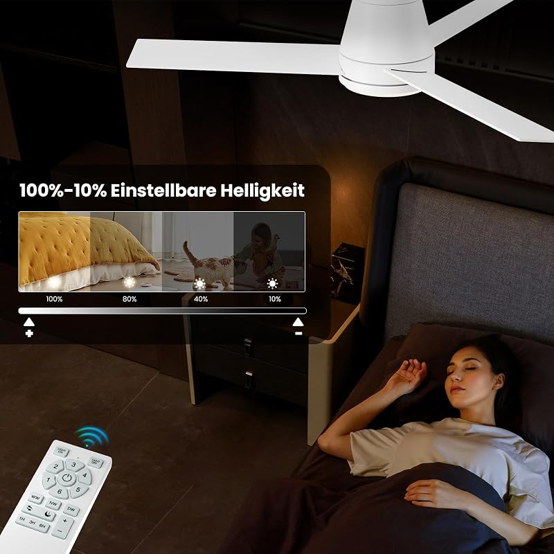 CJOY 107 cm fehér mennyezeti ventilátor távirányítóval, LED világítással, dimmelhető, alvási mód - 107cm