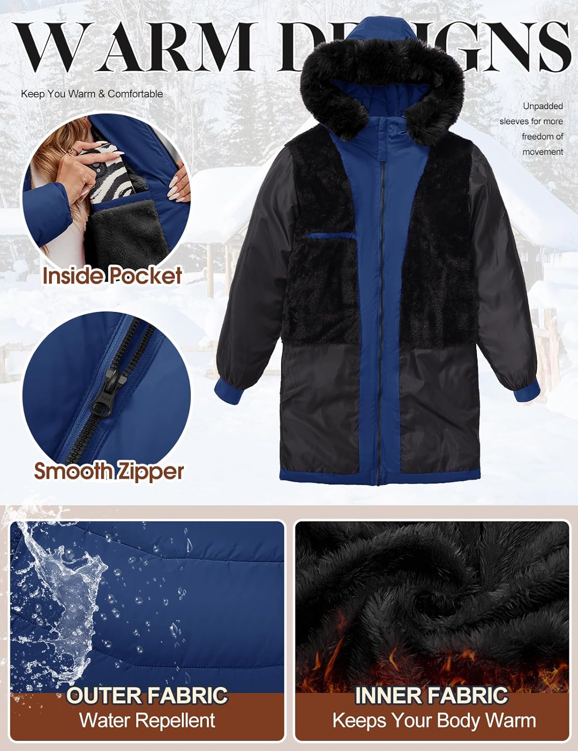 HEEKPEK Womens Winter Coats Water Repellent Thicken Warm Fleece Lined Puffer Jacket Long with Detachable Faux Fur Hood Parka - Image 6