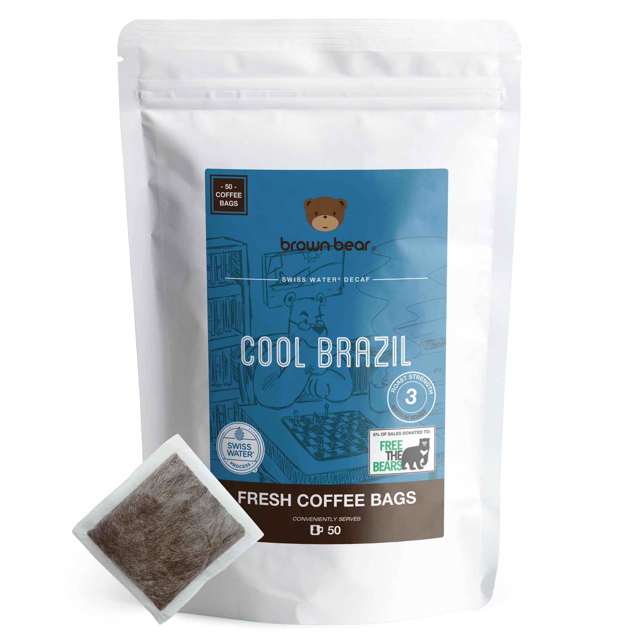 Swiss Water Decaffeinated Ground Coffee Bags - 50 Coffee Bags - Swiss Water Decaf Process - Brown Bear Cool Brazil - Strength 3 Medium Roast - Individual Arabica Coffee Bags Like Tea Bags