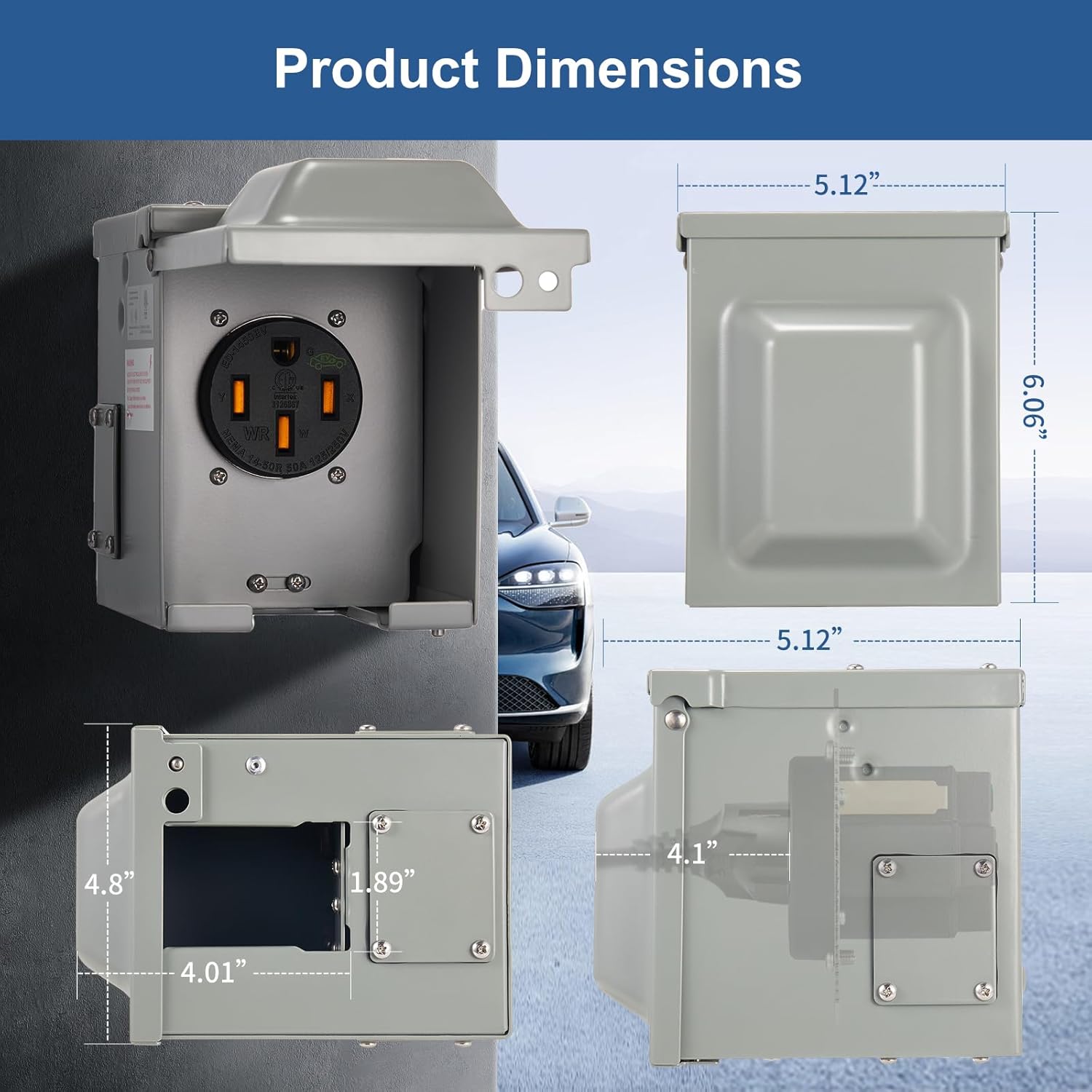 50 Amp EV/RV Power Outlet Box, Weather Resistant Extra Heavy Duty EV-Grade 14-50R Receptacle, NEMA 3R Enclosed Lockable Weatherproof Outdoor Metal Box, EV Charger, 3-Pole, 4-Wire, ETL Listed