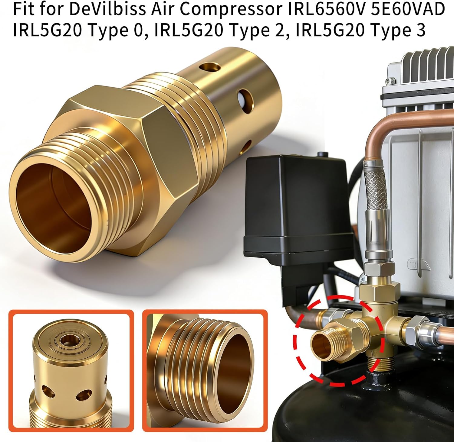 CAC-437-2 Air Compressor Check Valve 1/2 NPT 1/2 CFPC Brass Fittings for DeVilbiss Craftsman 5HP IRL6560V IRL5G20 5E60VAD