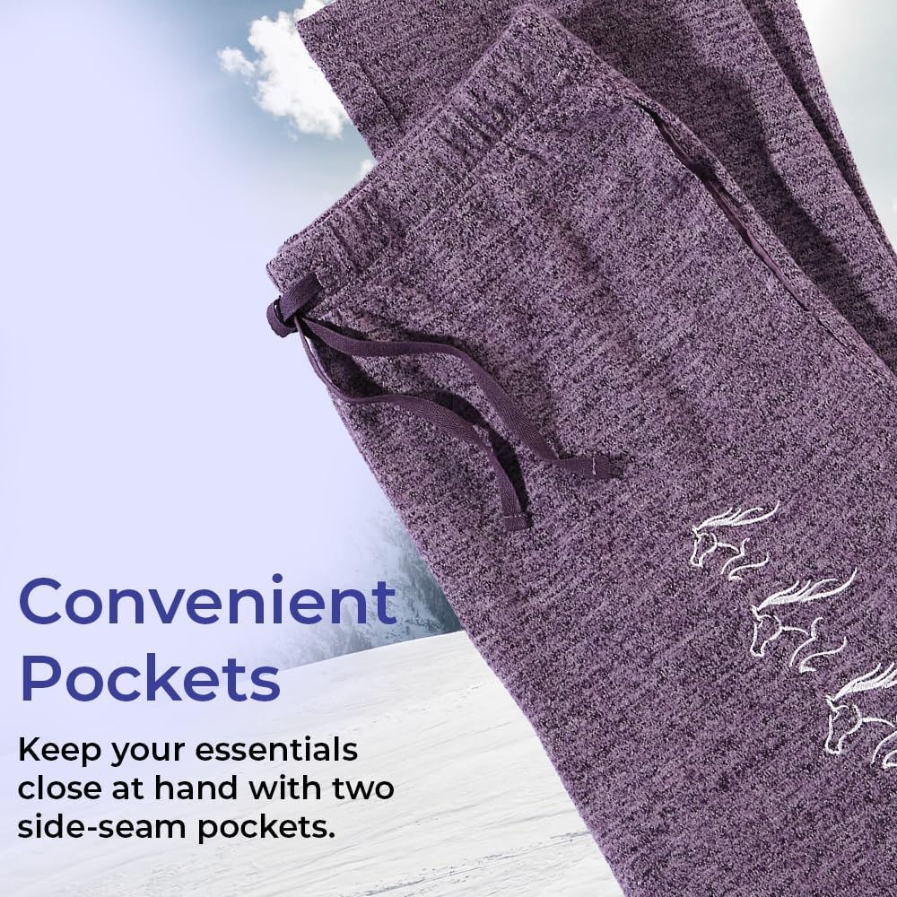 Wild Horses Embroidered Purple Pants, Women’s Casual Lounge Sweatpants, Soft Loose Pajama Bottoms, Pockets, Drawstring Waist