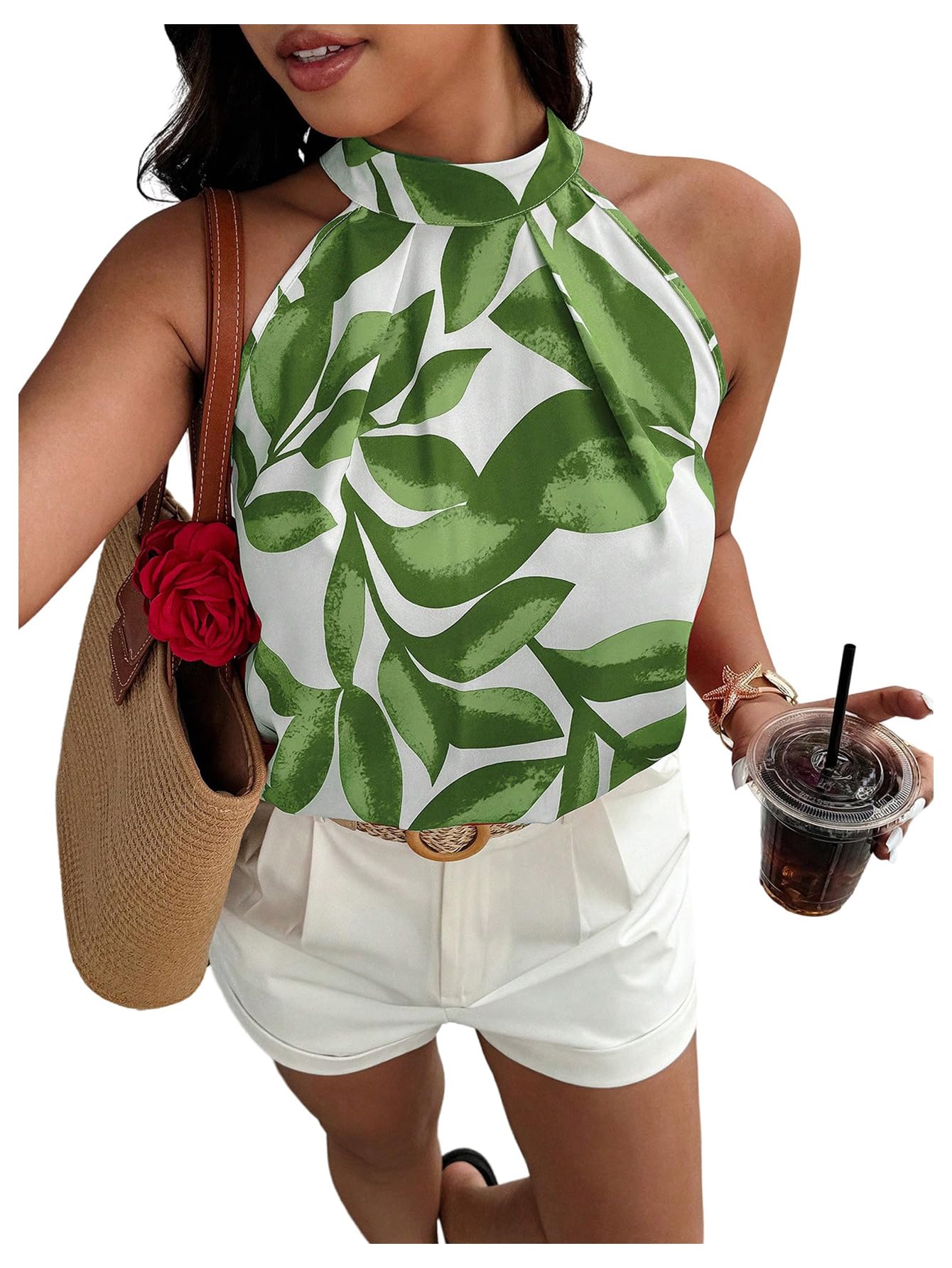 RoseSeek Women's Tropical Paisley Print Halter Blouse Sleeveless Boho Shirt Tops Button Back Vacation Tops