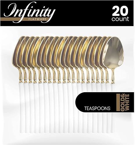 PlasticPro 20 cucharas de té de plástico dorado y blanco de alta calidad, resistentes, desechables, elegantes, cucharas de té de dos tonos para