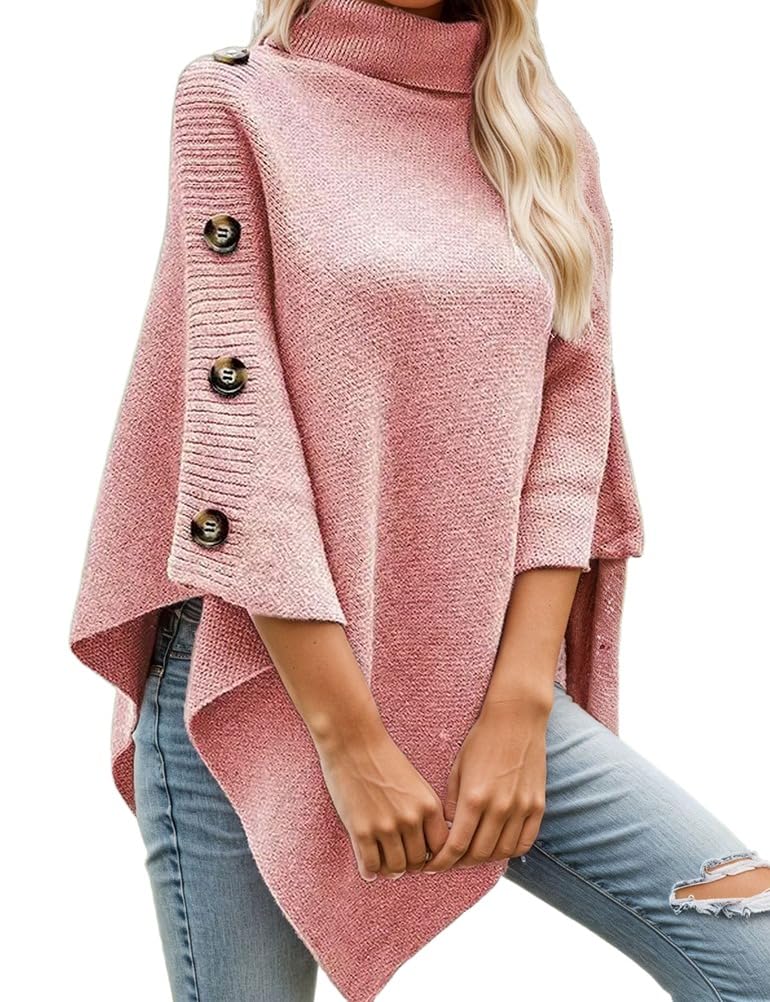 Kinghua Poncho Sweater Women Fall Winter 3 4 Sleeve Asymmetric Knit Turtleneck Button Down Loose Casual Trendy Pullover