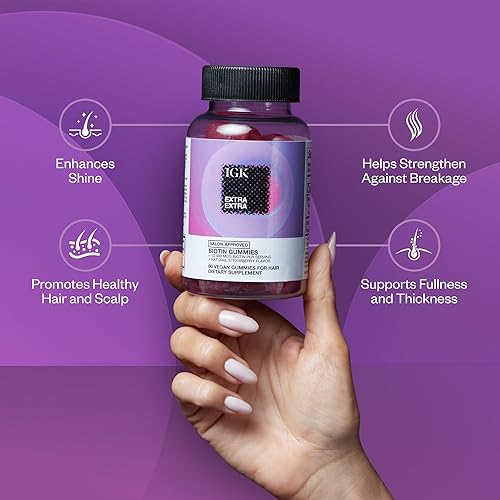 Miniatura 4 de IGK - Gomitas de biotina para el cabello, 10,000 mcg de biotina (60 unidades), sabor a fresa, suplemento para el crecimiento del cabello, gomitas