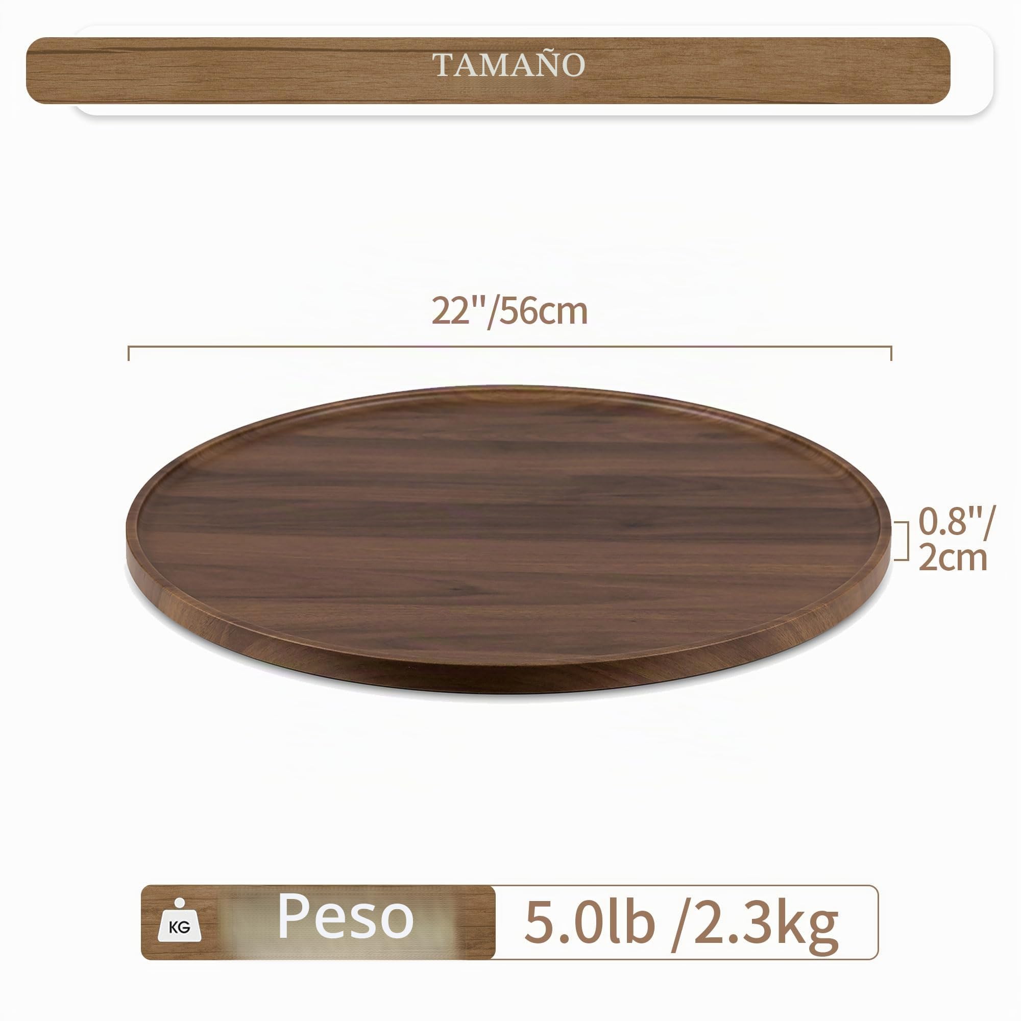 Bandeja otomana Extra Grande para Servir: Hanobe Redonda de Madera de Nogal, Bandeja Decorativa de Mesa de café, círculo rústico, decoración del hogar para Sala de Estar, 56 cm