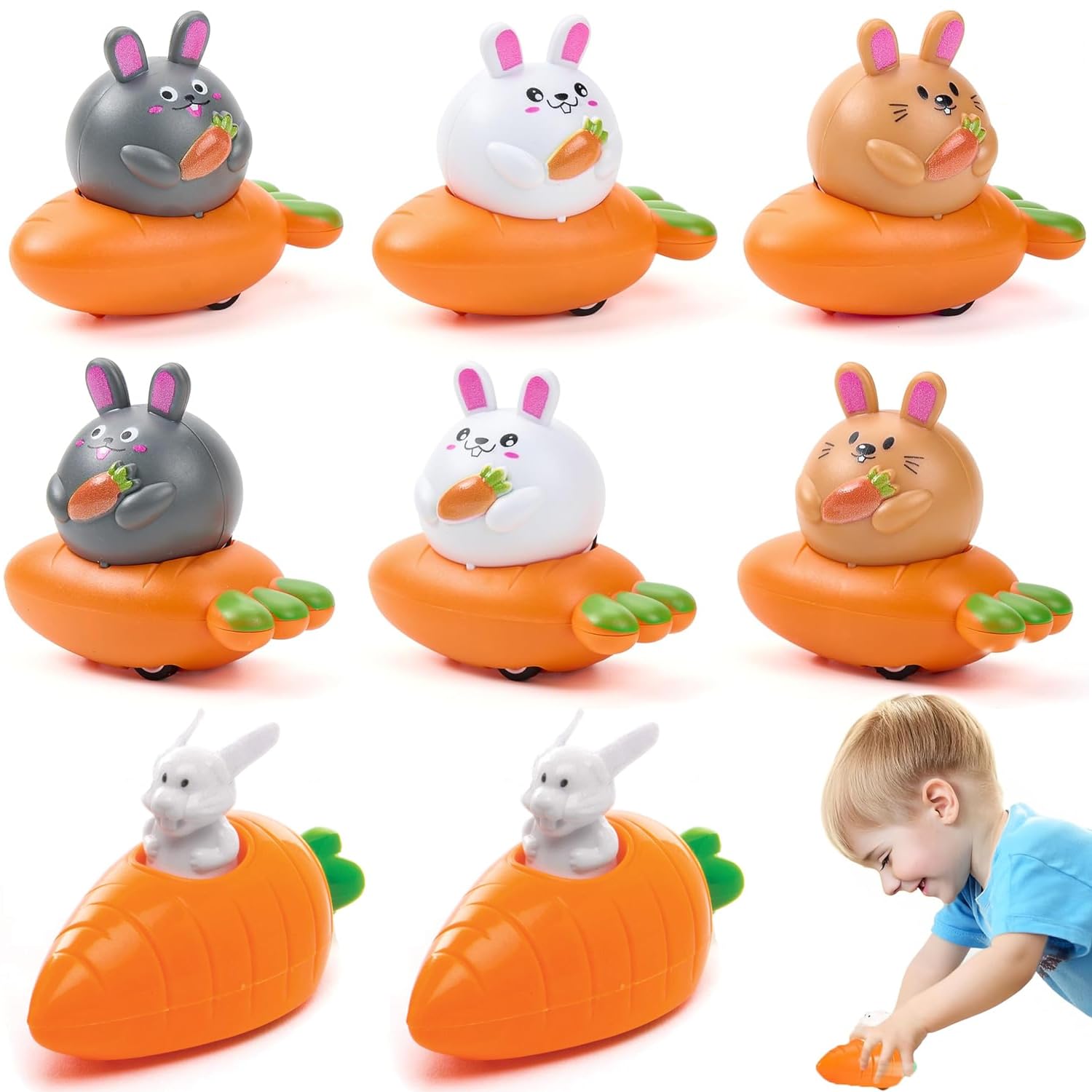 Pipihome 8 Pcs Easter Bunny & Carrot Pull Back Cars, Easter Gifts for Kids, Funny Rabbit & Carrot Wind Up Toys, Easters Baskets and Party Bag Fillers for Adults Babies Toddlers