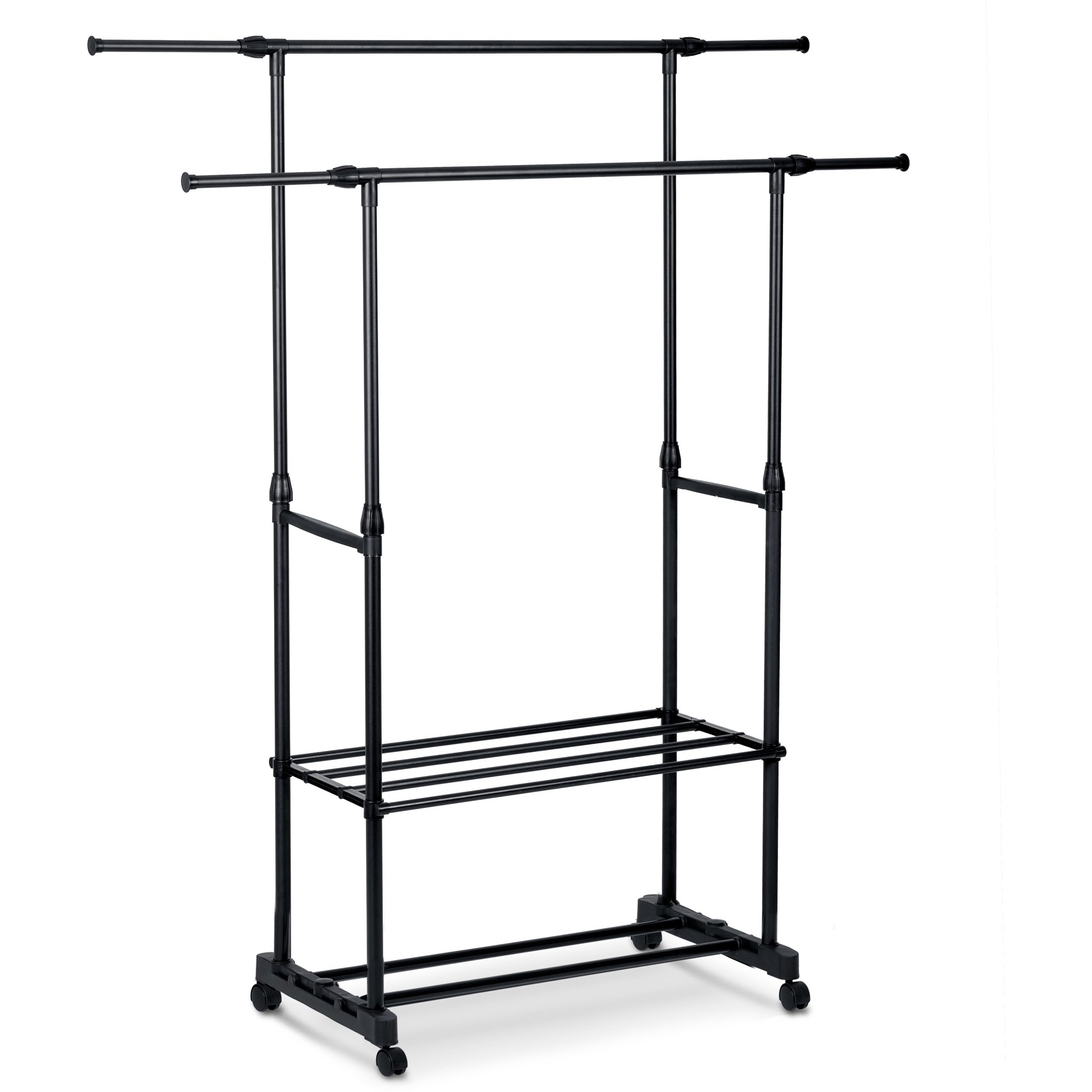 Portant à vêtements sur roulettes en métal noir avec 2 étagères de rangement