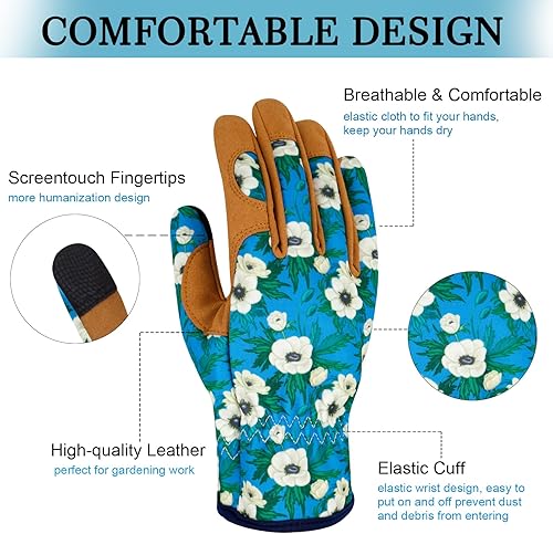 Miniatura 3 de Guantes de jardinería de cuero para mujer, guantes de jardín a prueba de espinas, guantes de trabajo para pantalla táctil, regalos