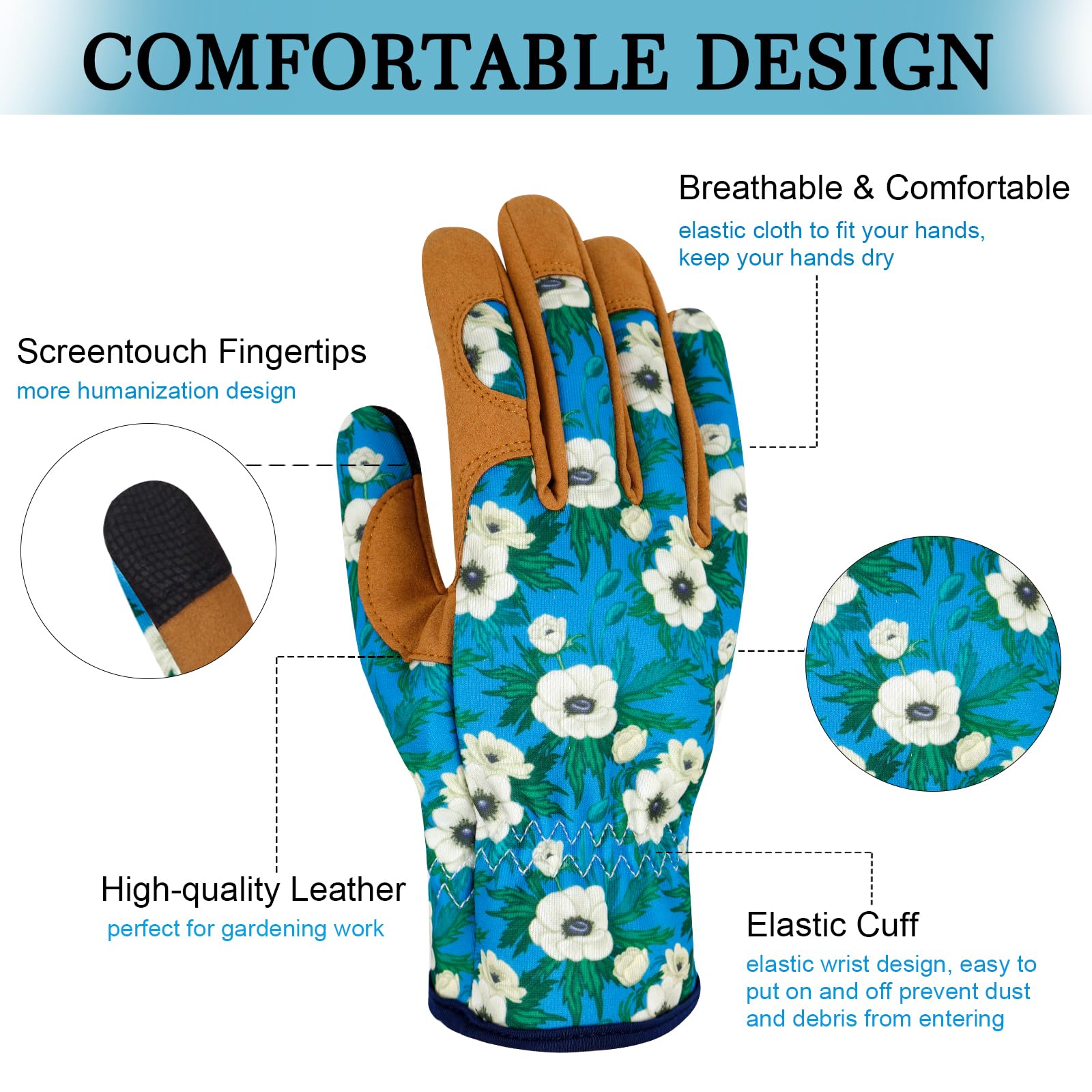 Gants de jardinage en cuir pour femme - Gants de jardin résistants aux épines - Gants de travail pour écran tactile - Cadeaux de jardinage - Fleurs blanches