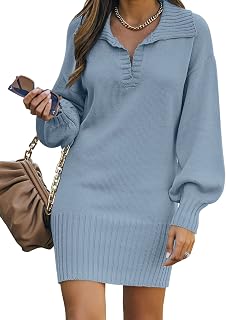 Women Casual V Neck Knit Mini Sweater Dresses Long Sleeve Loose Fit Solid Color Ribbed Hem Pullover Jumper Sweaters