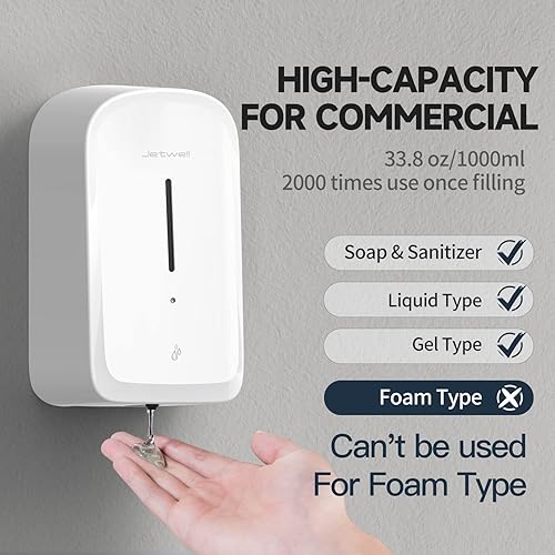 Miniatura 3 de JETWELL Dispensador automático de jabón de manos sin contacto para montaje en pared, funciona con pilas, cubierta de plástico blanco de gran