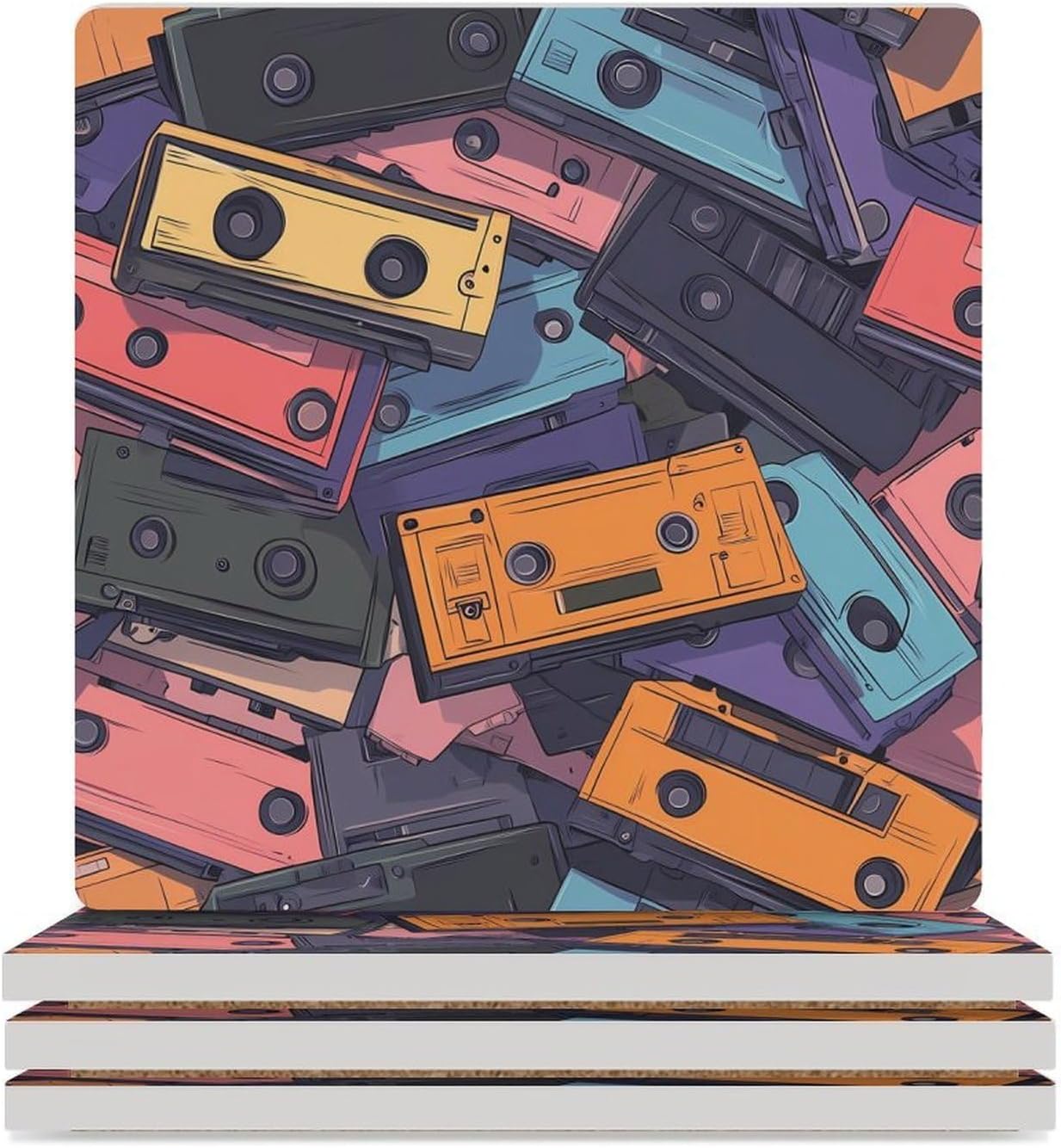 1977 Tape Cassette Ceramic Coasters Square Drinks Coaster Coffee Table Decor Table Coaster for Home Bar