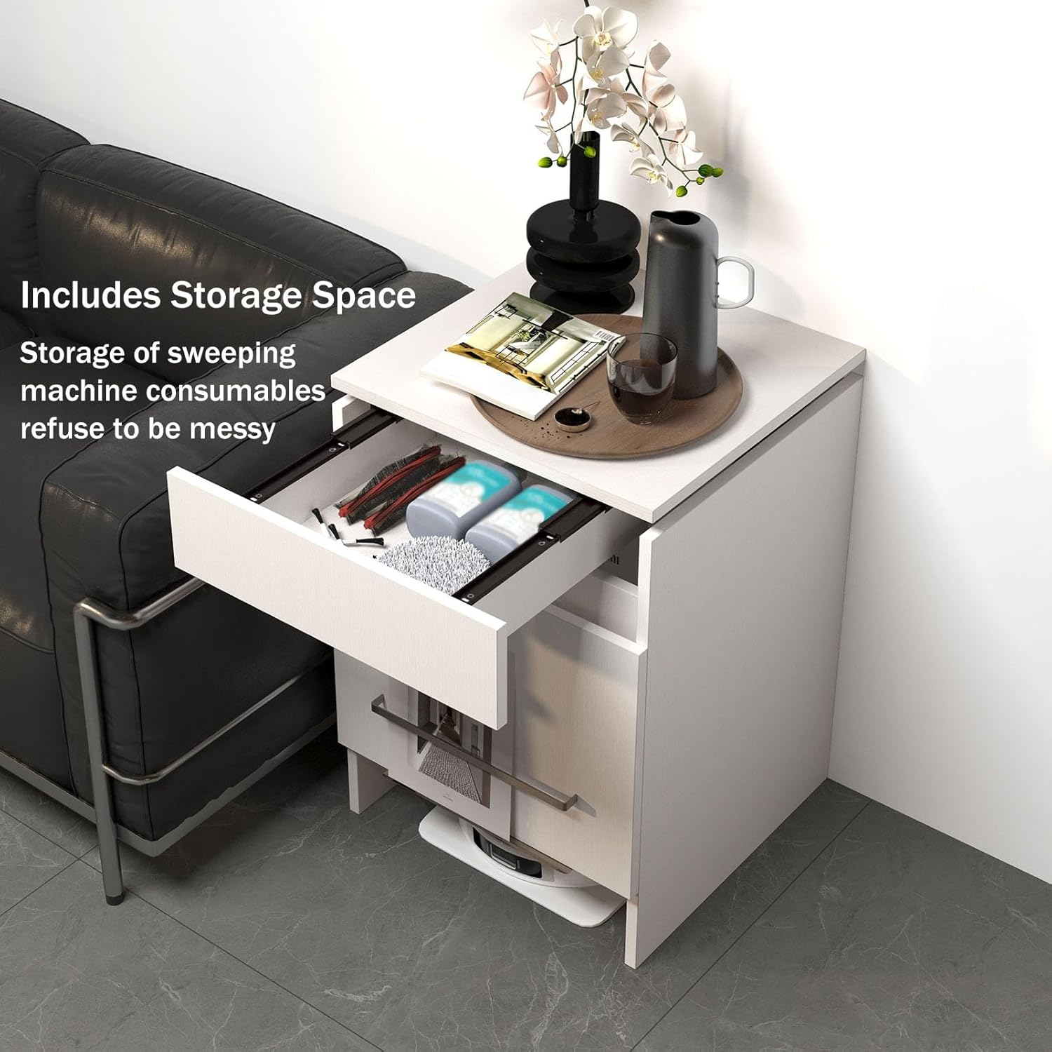 Storage Cabinet for Self-Emptying Robot Vacuum Robot Storage Side Cabinet with Door & Drawer Corner Hidden Robot Vacuum Anti-Pinch Design Water Replacement for Living Bed Room(Black)