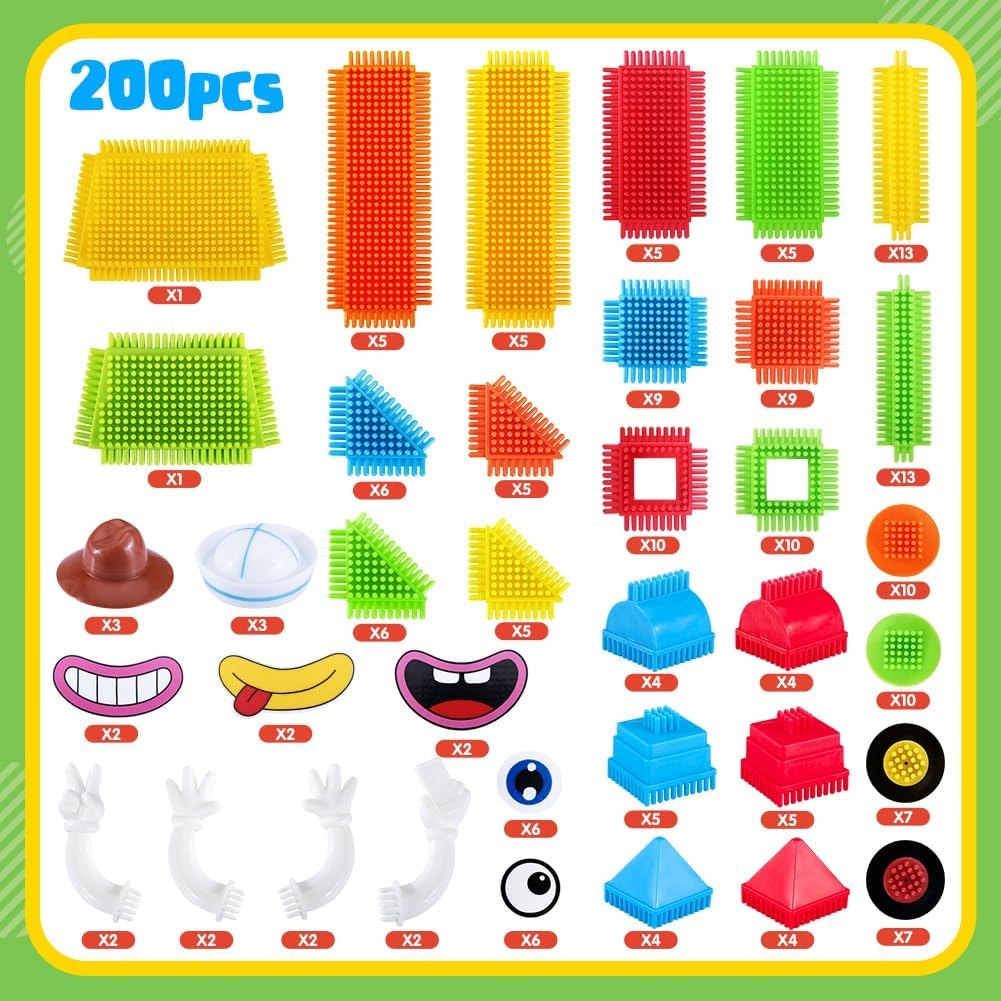 teytoy 200Pcs Building Blocks Toys, Bristle Shape Building Blocks Set STEM Interlocking Construction Learning Toys for Kids Ages 3+