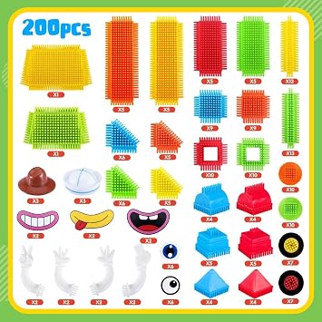 teytoy 200Pcs Building Blocks Toys,Bristle Shape Building Blocks Set | STEM Interlocking Construction Learning Toys Pretend Play for Kids Ages 3+