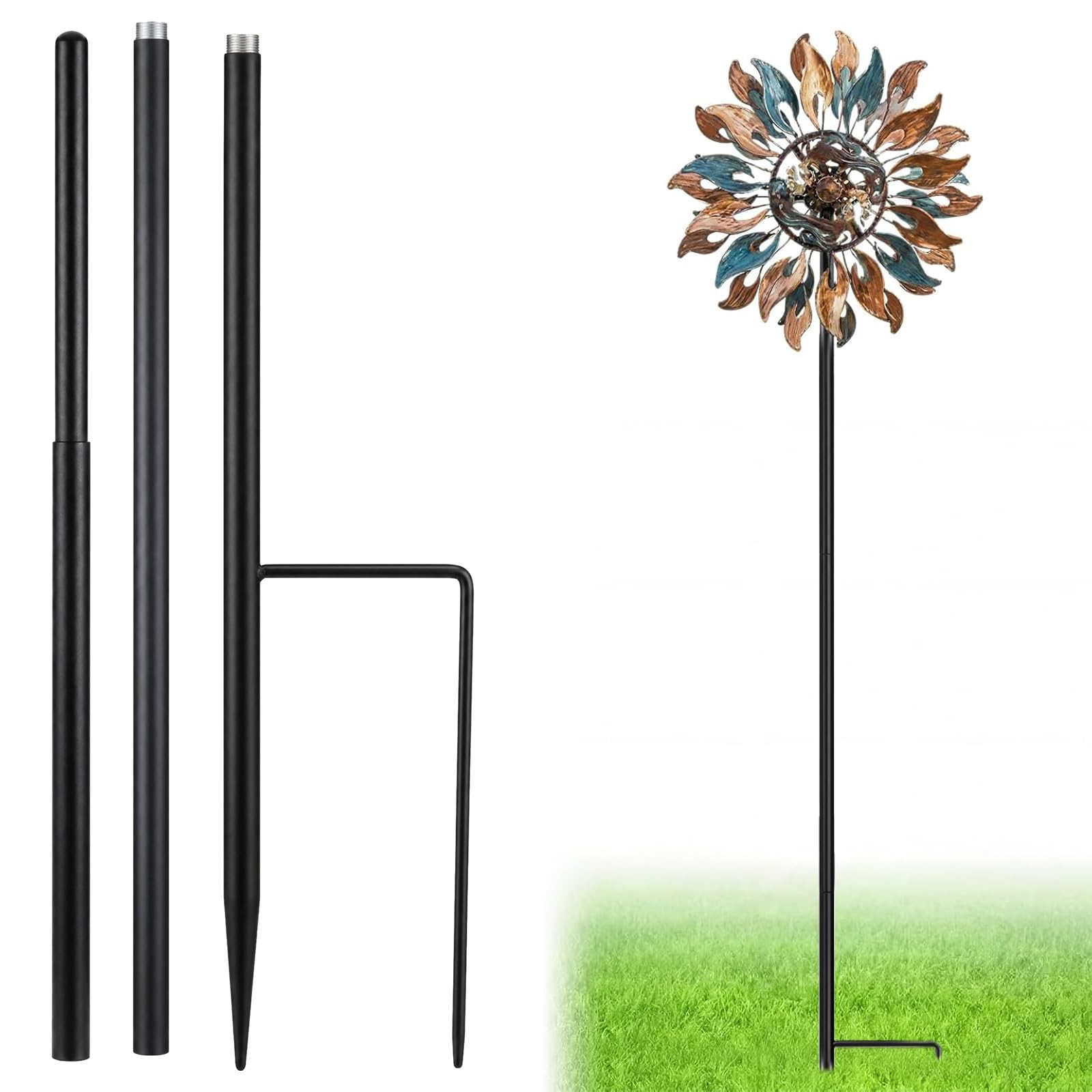 LEIFIDE Matte Black 72" h Replacement Pole for Large Wind Spinner, Windmill Replacement Parts, Three-Part Composition, 22mm Thicker Tube, Easy Assembly for Large Metal Wind Spinner (2 Prongs Base)