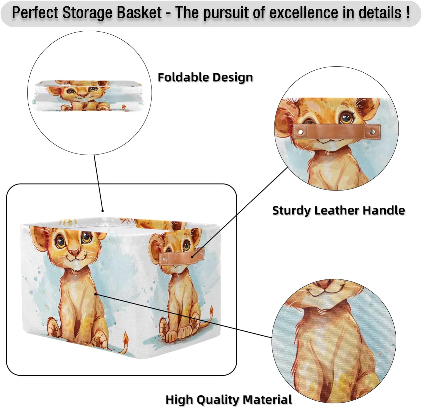 Cartoon Lion King Large Storage Baskets for Shelves, Closet Organizers Fabric Storage Bins with Handles, Decorative Collapsible Basket for Home Organizing Clothes Toy, 2 Pack