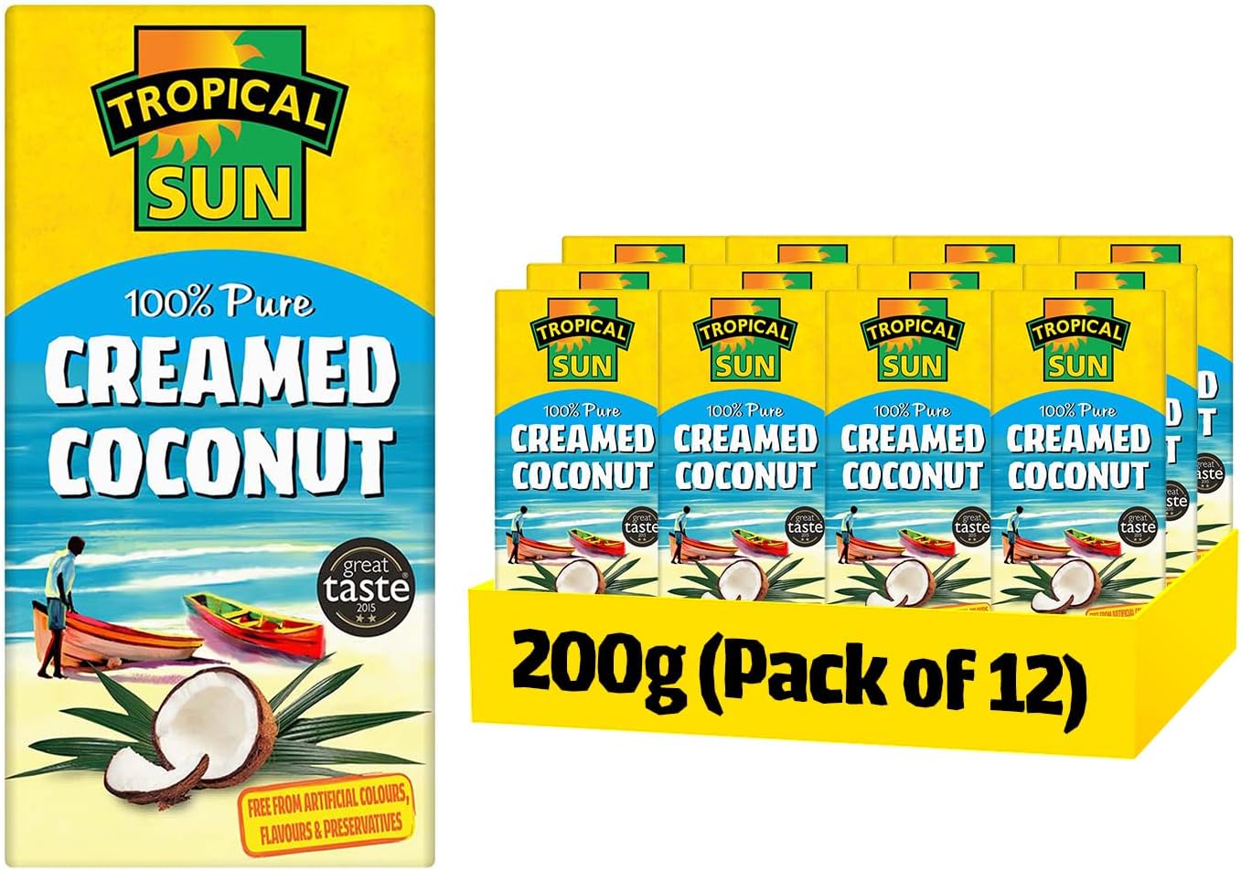Tropical Sun Creamed Coconut 200g Pack of 12 | 100% Pure Desiccated Coconut Block | Rich & Creamy Texture for Curries, Soups, Desserts & Baking | Vegan & Gluten-Free | No Additives or Preservatives