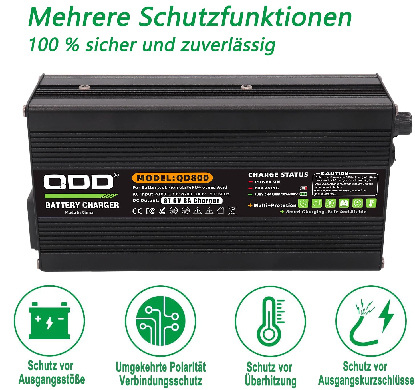 QDD 87,6 V 8 A czarna ładowarka 72 V LiFePO4 bateria Smart ładowarka do baterii 24S 72 V LiFePO4 z C13 N+L-