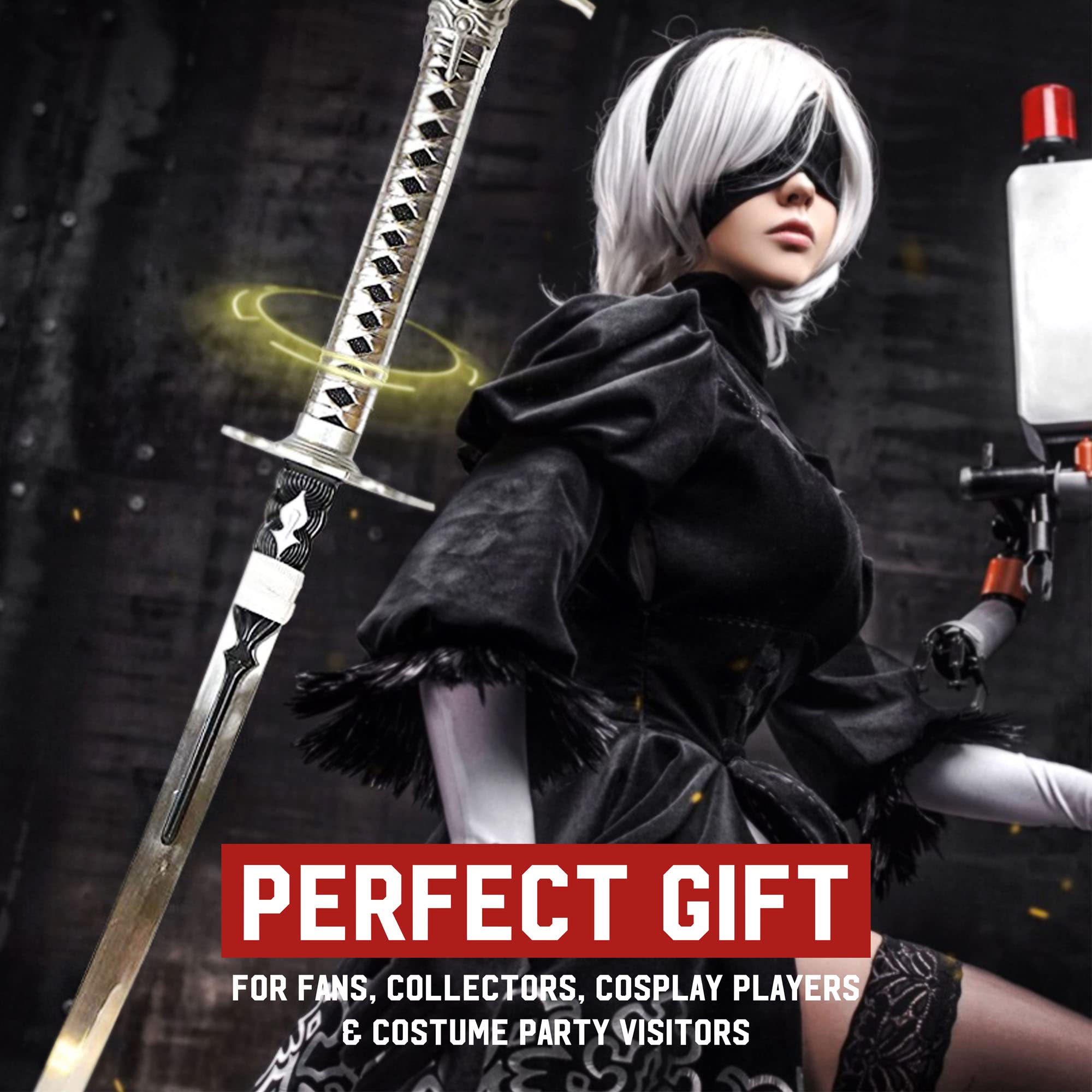 Swords and more NieR:Automata - Schwert von 2B, Virtuous Contract, Samuraischwerter, Katanaschwert aus Hartstahl mit Scheide, 124 cm, Videospiel-Schwert für Gamer & Fans