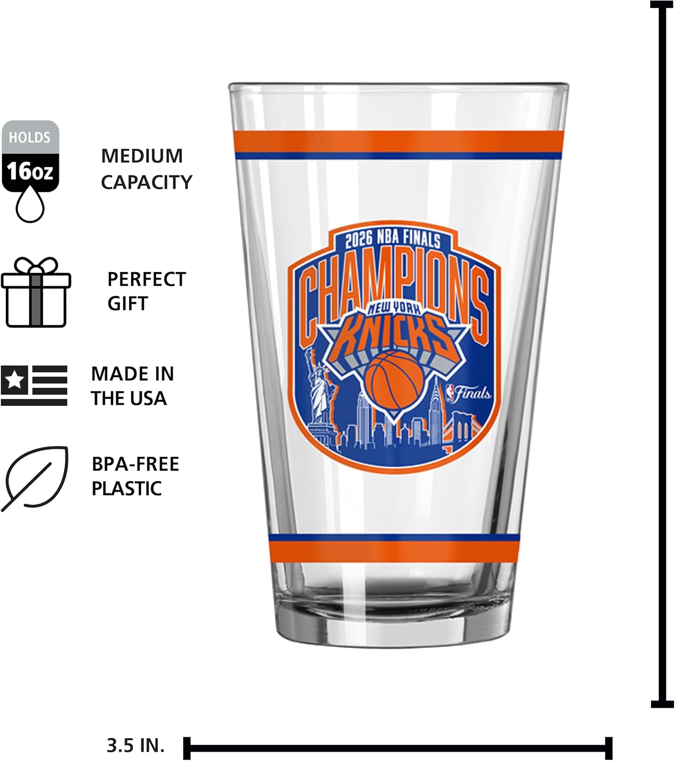 Logo Brands NBA New York Knicks NBA Finals Champions 16 oz Pint Glass – Offical Finals Champions Design| 16 Fluid Ounces| Glass