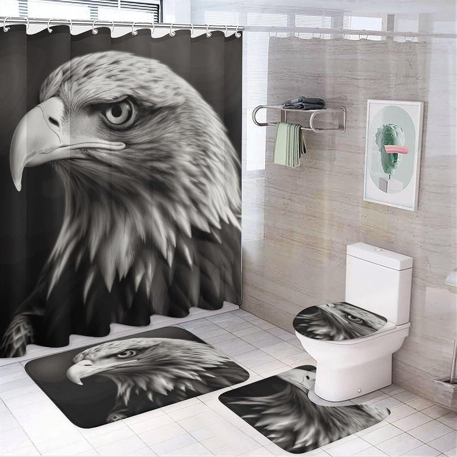 Eagle Black and White 4Pcs Shower Curtain Set with Non-Slip Rugs, Toilet Lid Cover and Bath Mat,Bathroom Set Decor Accessories,Curtain Set with 12 Hooks, 72 X 72 Inch