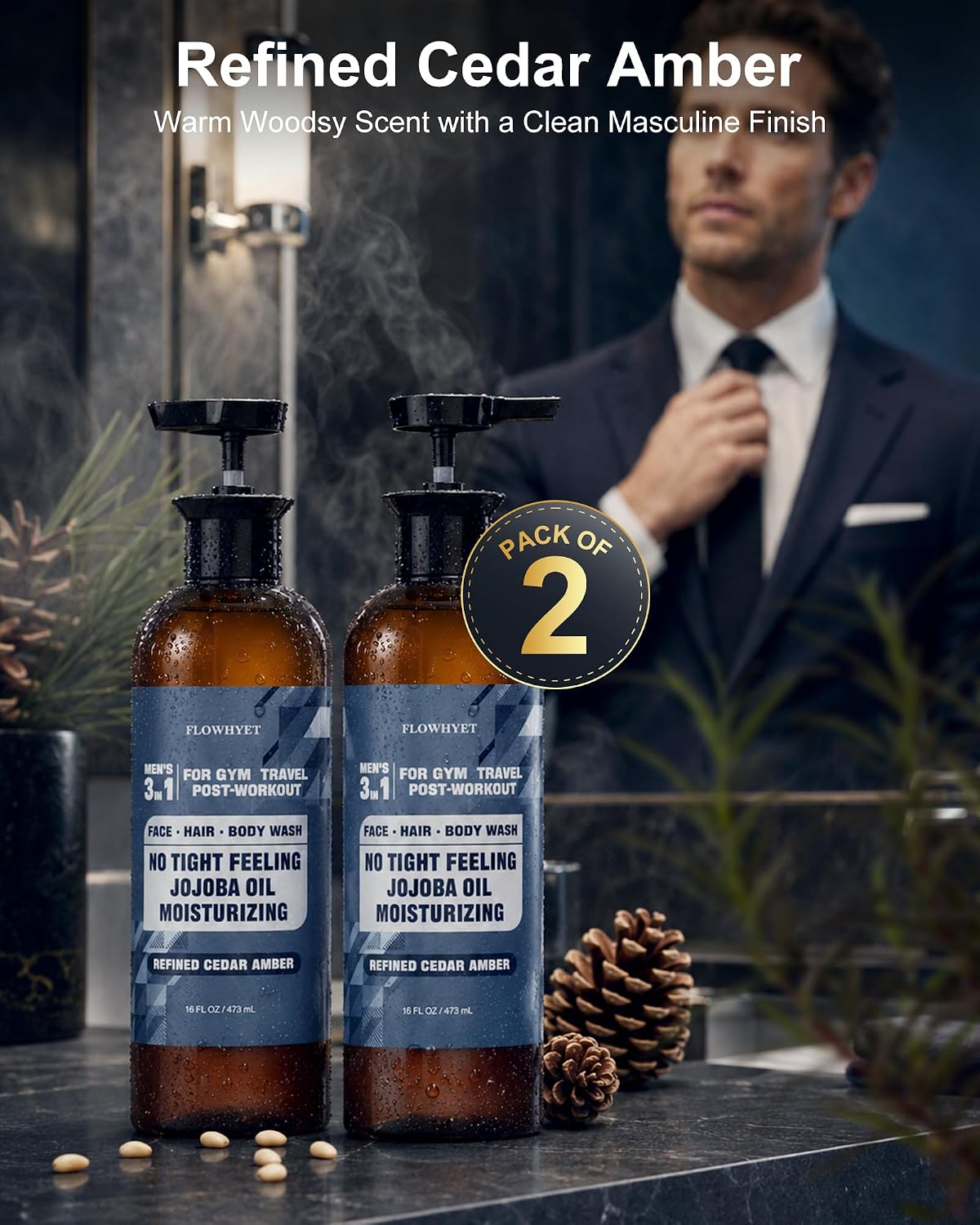 Men's 3 in 1 Body Wash and Shampoo, Men's Shampoo and Body Wash for Hair, Face & Body, Clean Rinse Shower Gel for Men with Jojoba Oil, Cedarwood Amber Scent, Gym, Travel, 16 oz (Pack of 2)