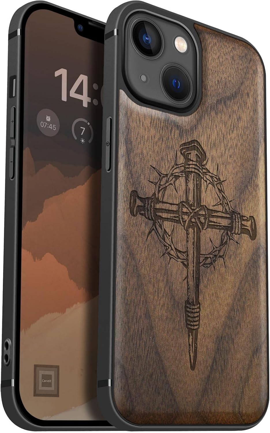 Carveit Magnetic Wood Case for iPhone 13 Case [Hard Real Wood & Soft TPU] Unique & Classy Wooden Shockproof Hybrid Protective Cover Compatible with MagSafe (Crucifix Nails -Walnut)