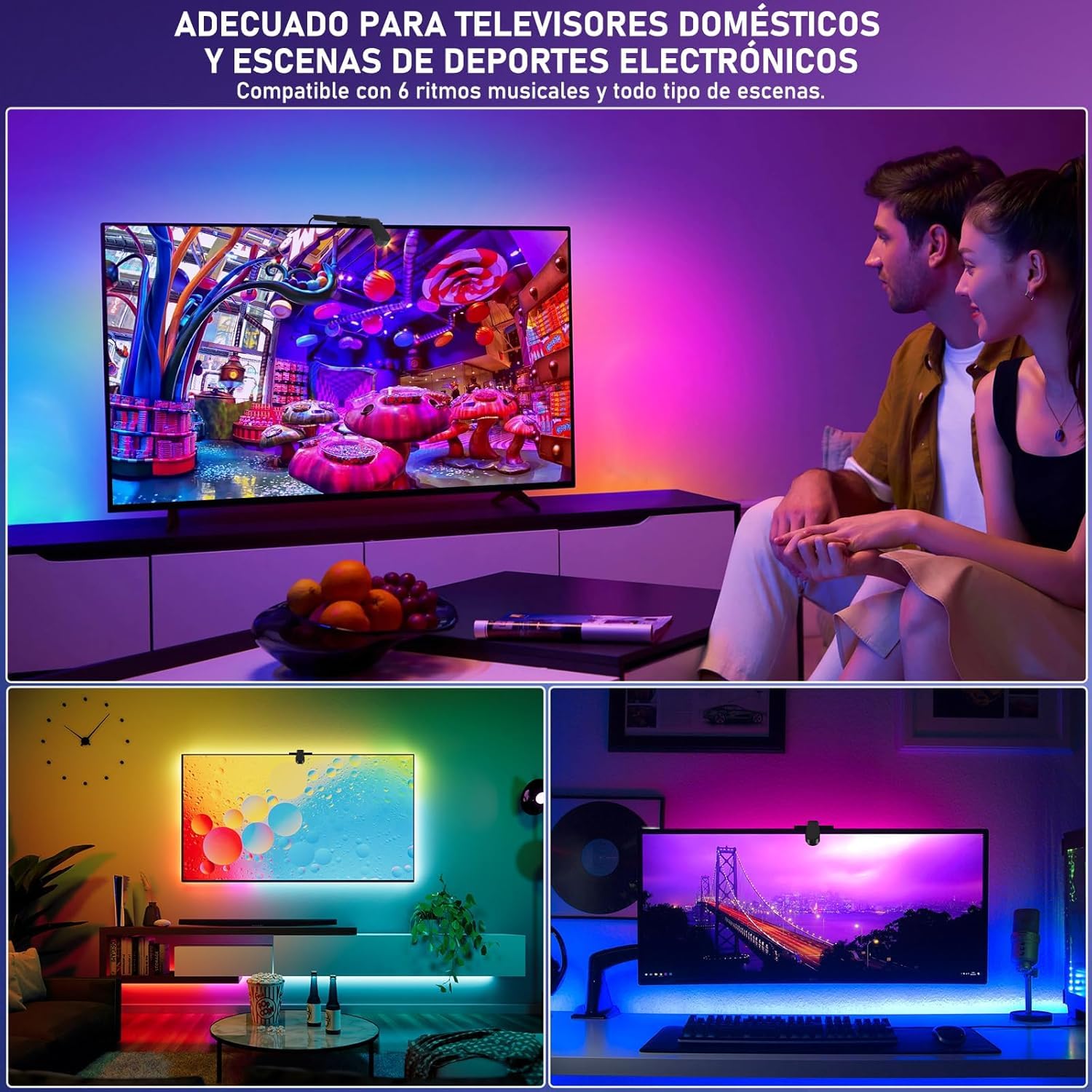 Tira LED para TV 7M Sincronizada con Imagen del Televisor, Retroiluminación LED con Sensor AR, Sincronización Musical RGB, Control Inteligente por App para TV y PC