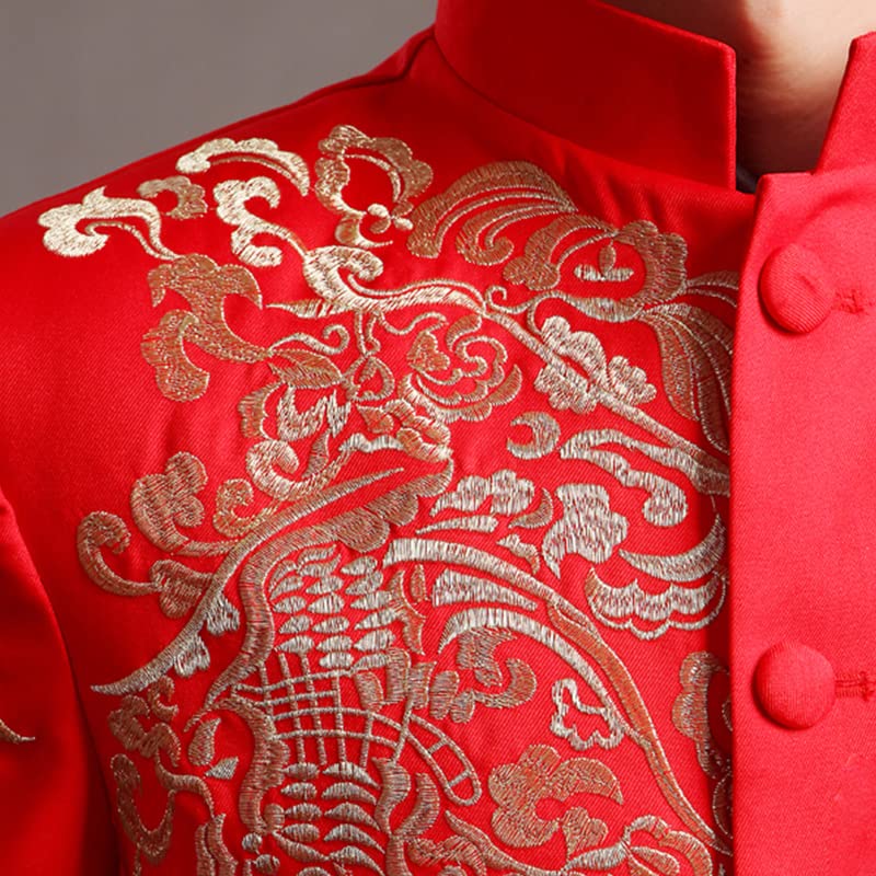 Aoleaky Chinese Style Wedding Jacket Men Embroidery Pattern Tang Tunic Suit Mandarin Stand Collar Red/White 5