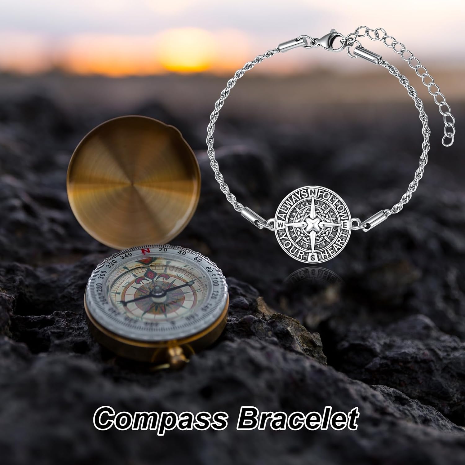PELOVNY Compass Bracelets for Women Men 925 Sterling Silver Travel Compass Bracelet Graduation Inspirational Jewelry Gifts for Her Him