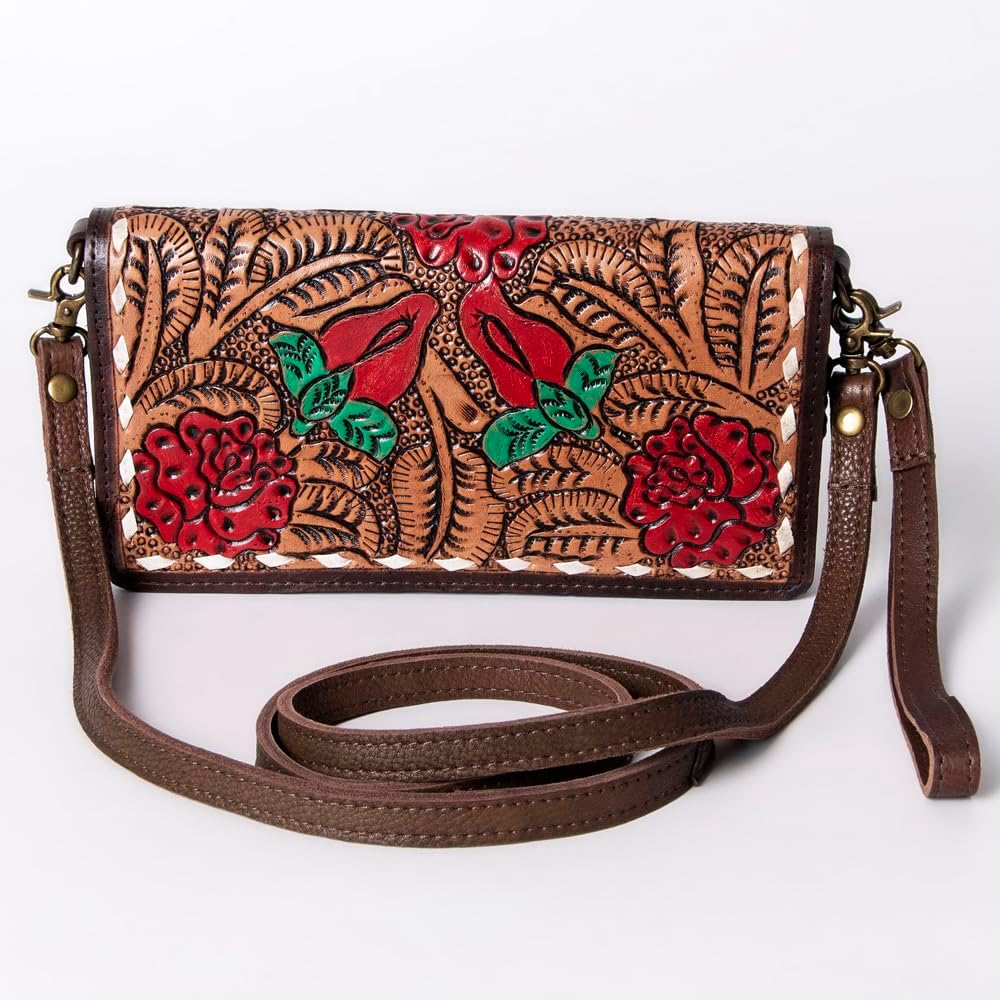 American Darling Organiser Bag, Hand Tooled Floral Carved Leather, Vegetable Tanned Full Grain, 4in (H) X 8in (W) X 1.5in (D)