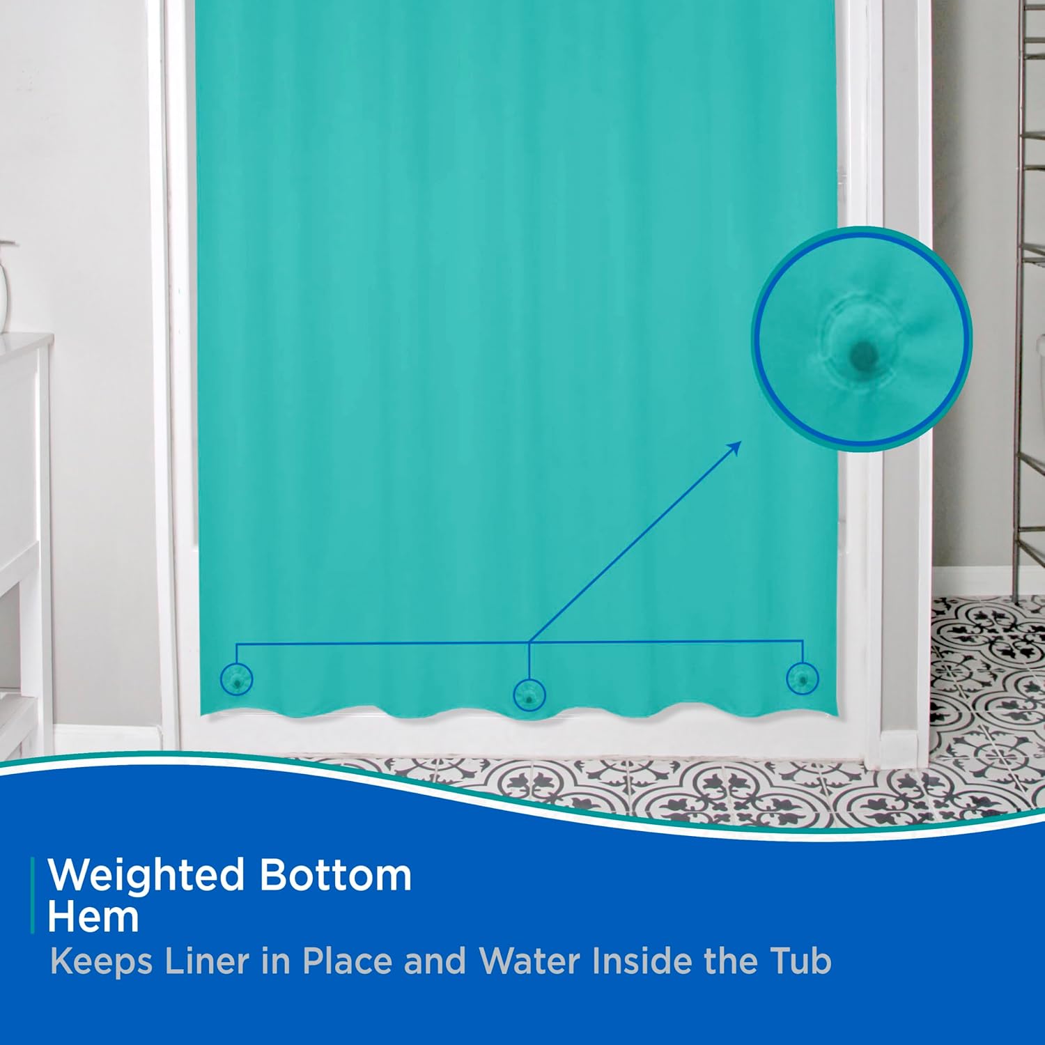 Kenney KN61748 Lightweight 3 Gauge Waterproof PEVA Shower Curtain Liner with Durable Eyelet Hang Holes, Weighted Magnetic Hem, and 12 Piece Plastic C-Ring Set for Bathroom, 70" W x 72" H, Turquoise