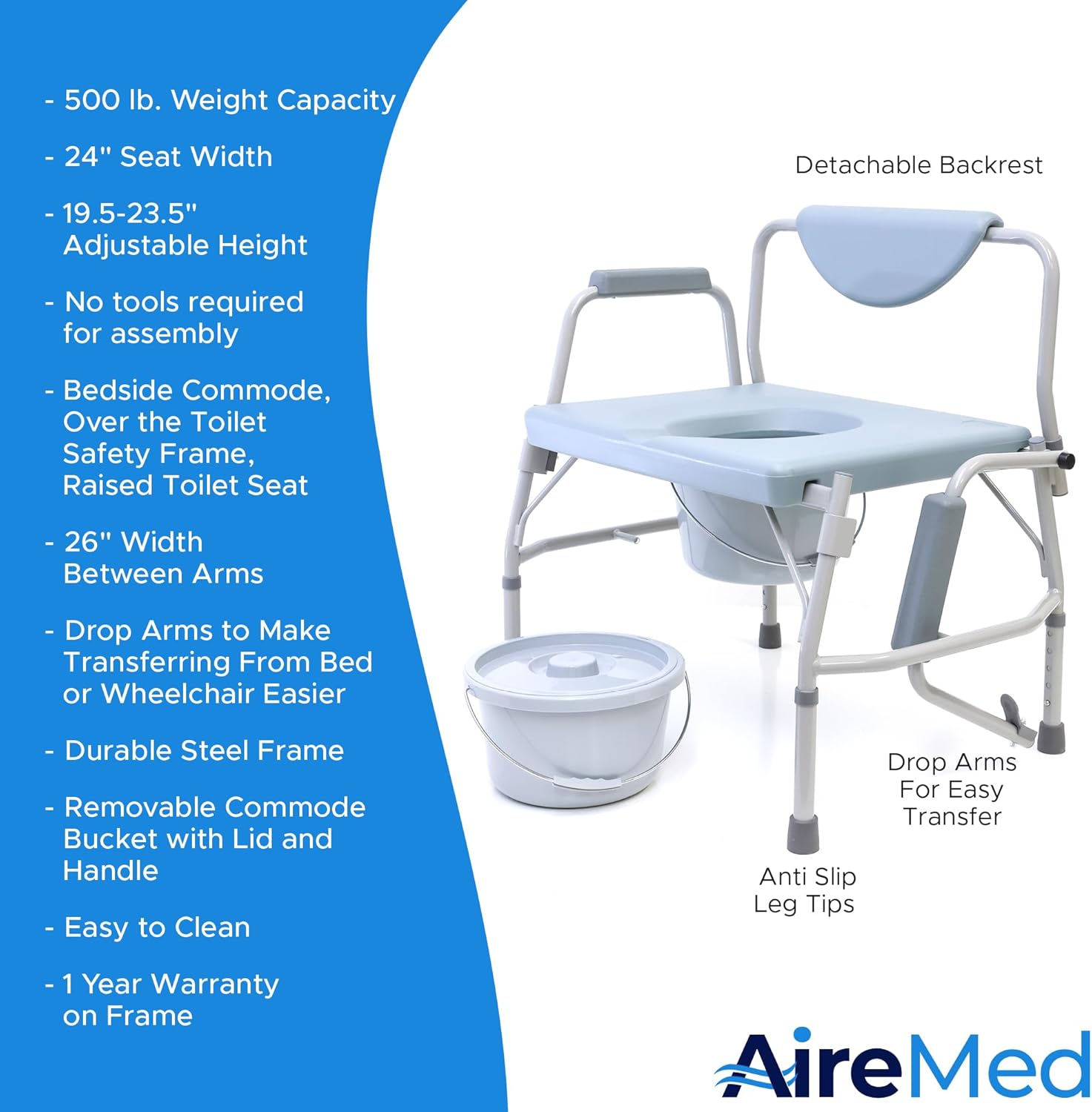 AireMed Bariatric Commode with Drop Arm & Extra Commode Bucket & Lid Set, Height Adjustable 3 in 1 Bedside Commode, Raised Toilet Seat & Toilet Safety Rail, Extra-Wide Heavy Duty, Holds up to 500lbs