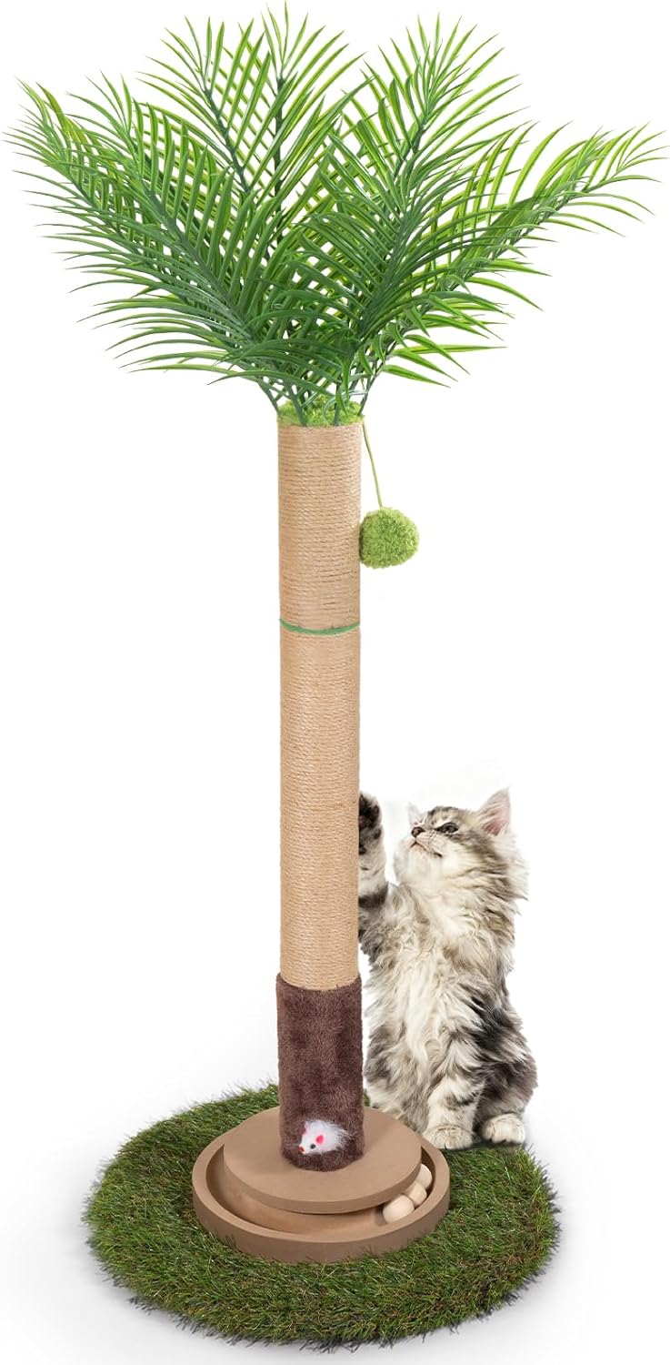Cat Scratching Post, 35 Inch Tall Cat Scratcher Cat Tree Tower with Hanging Ball for Indoor Cats Adults,Sisal Rope Kitten Scratch with Interactive Mouse Cat Toy (41in, Snake Plant Leaves)