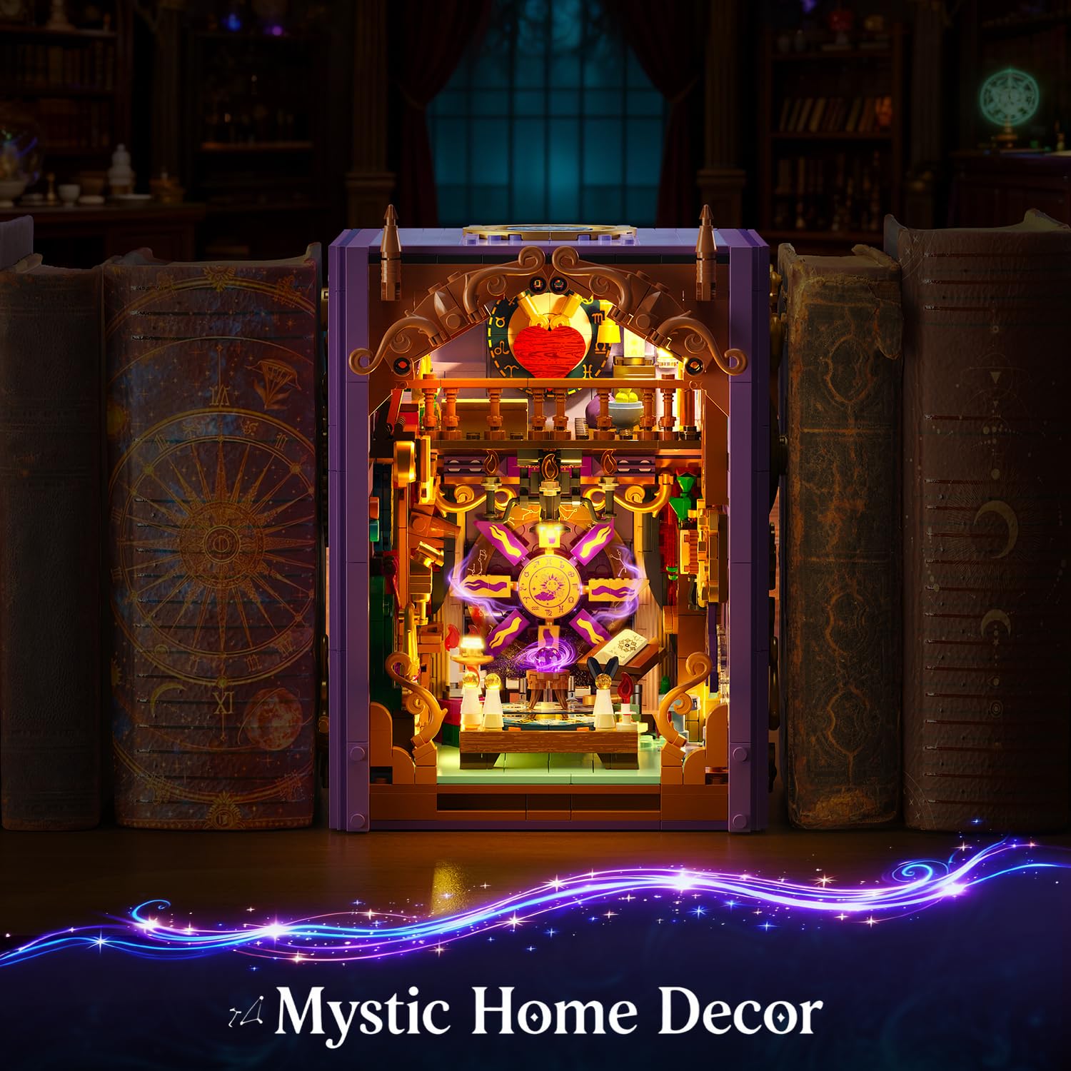 INSOON Oráculo místico libro Nook juguete de construcción con luz recargable, 1447 piezas DIY magia Booknook bloques de construcción como decoración del hogar, miniatura casa de libros, juego de