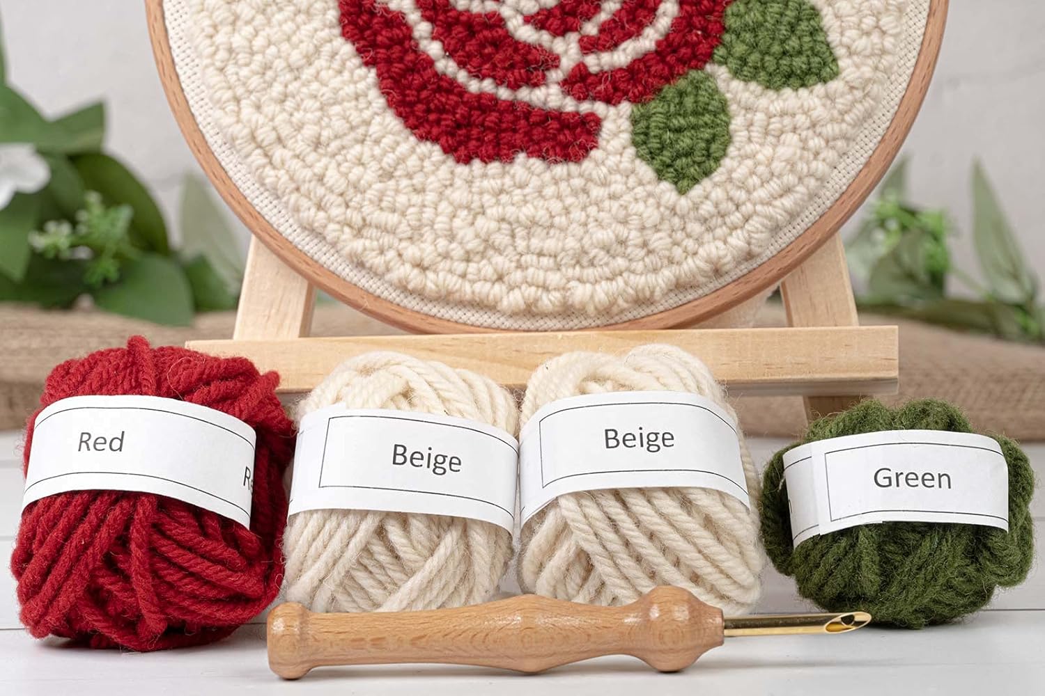 String of the Art Rose Mini Punch Needle Kit - Includes Punch Needle Tool, 100% Wool Yarn, 8 inch Beech Wood Hoop, and More